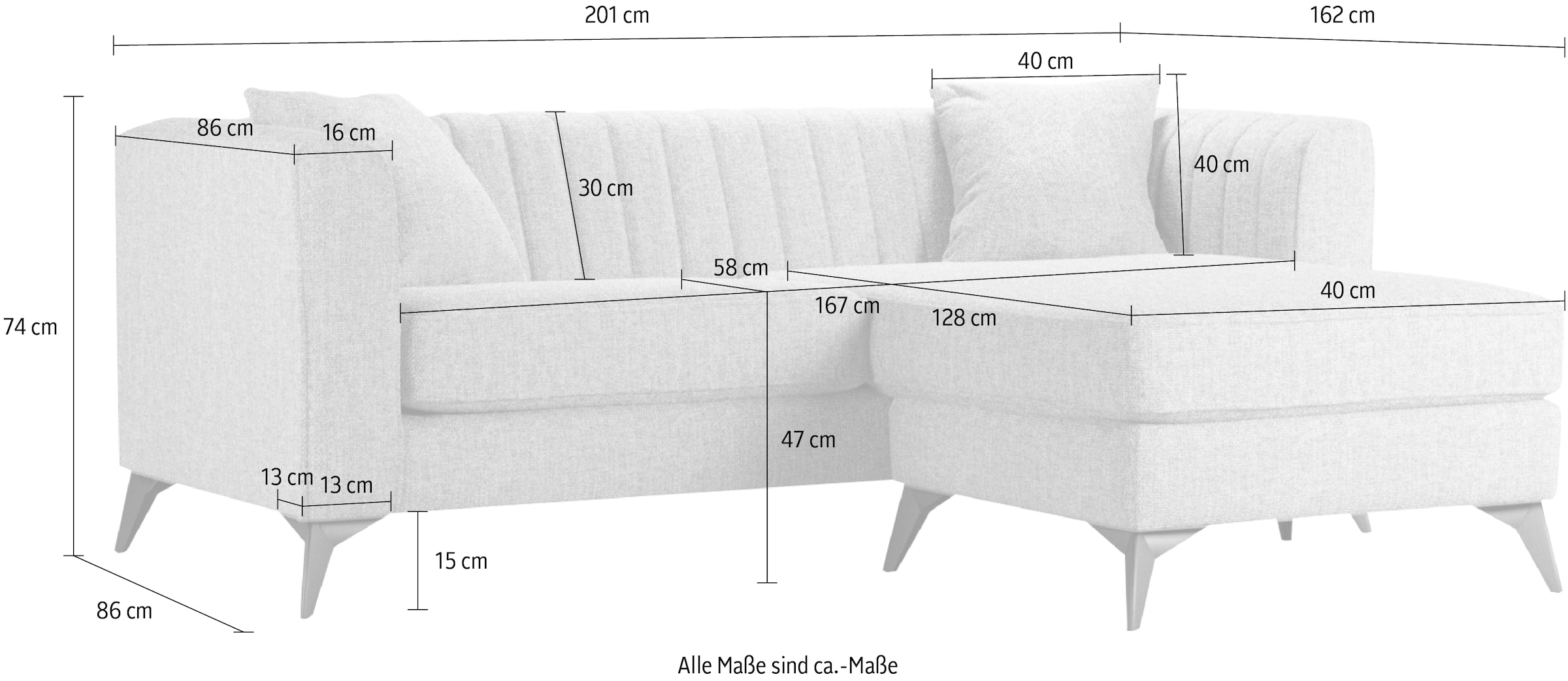 Places of Style Ecksofa »MATTHEW L-Form ideal für kleine Räume, Masse B/T/H: 201/162/74 cm«, elegantes Designsofa, feine Steppung im Rücken, incl. Zierkissen