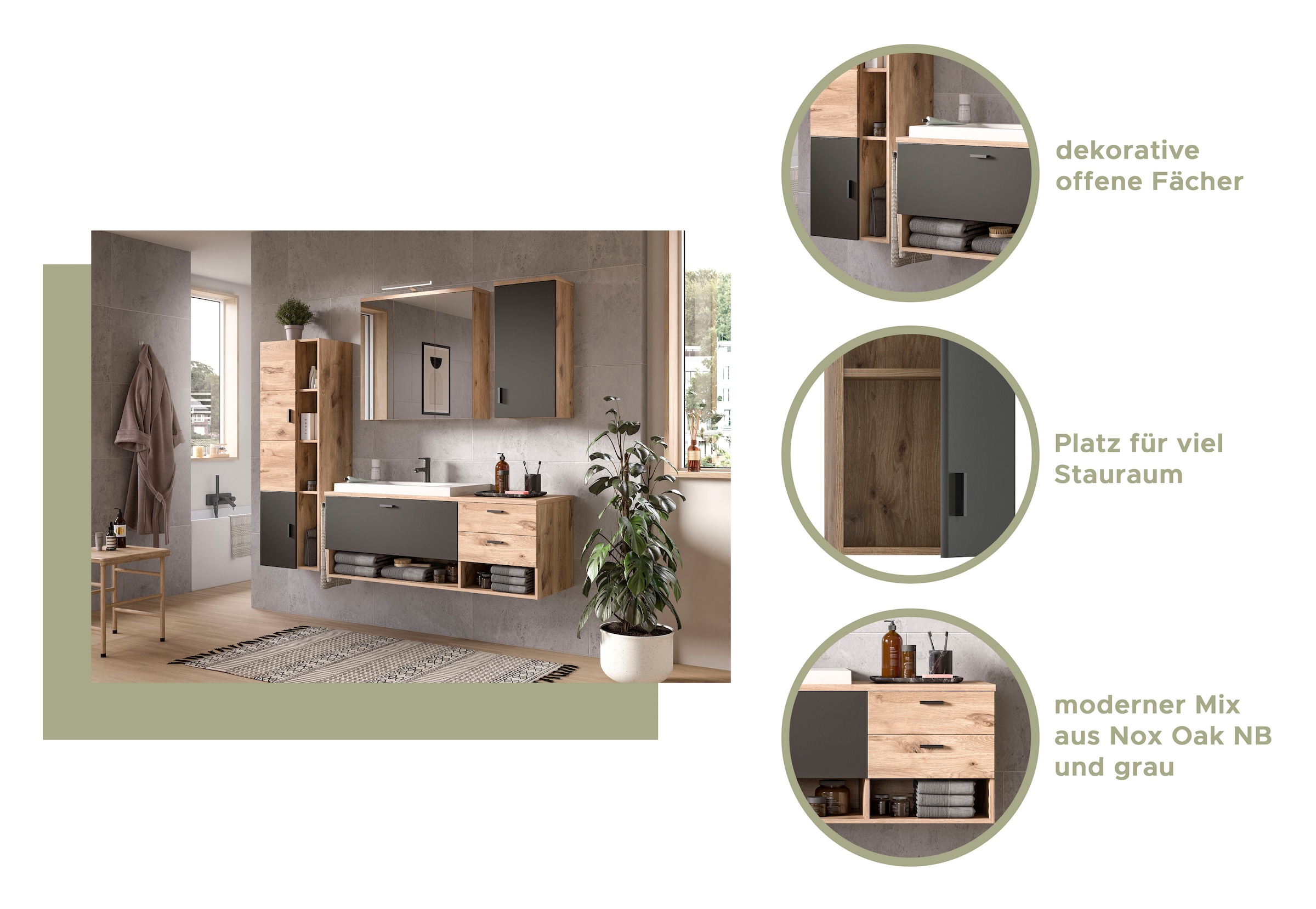 welltime Badmöbel-Set »Dolo, 4 teilig, inklusive Mineralguss-Waschbecken, bestehend aus:«, (Set, 4 St.), Waschtisch inkl. Waschbecken, Hängeschrank,Spiegelschrank, Hochschrank