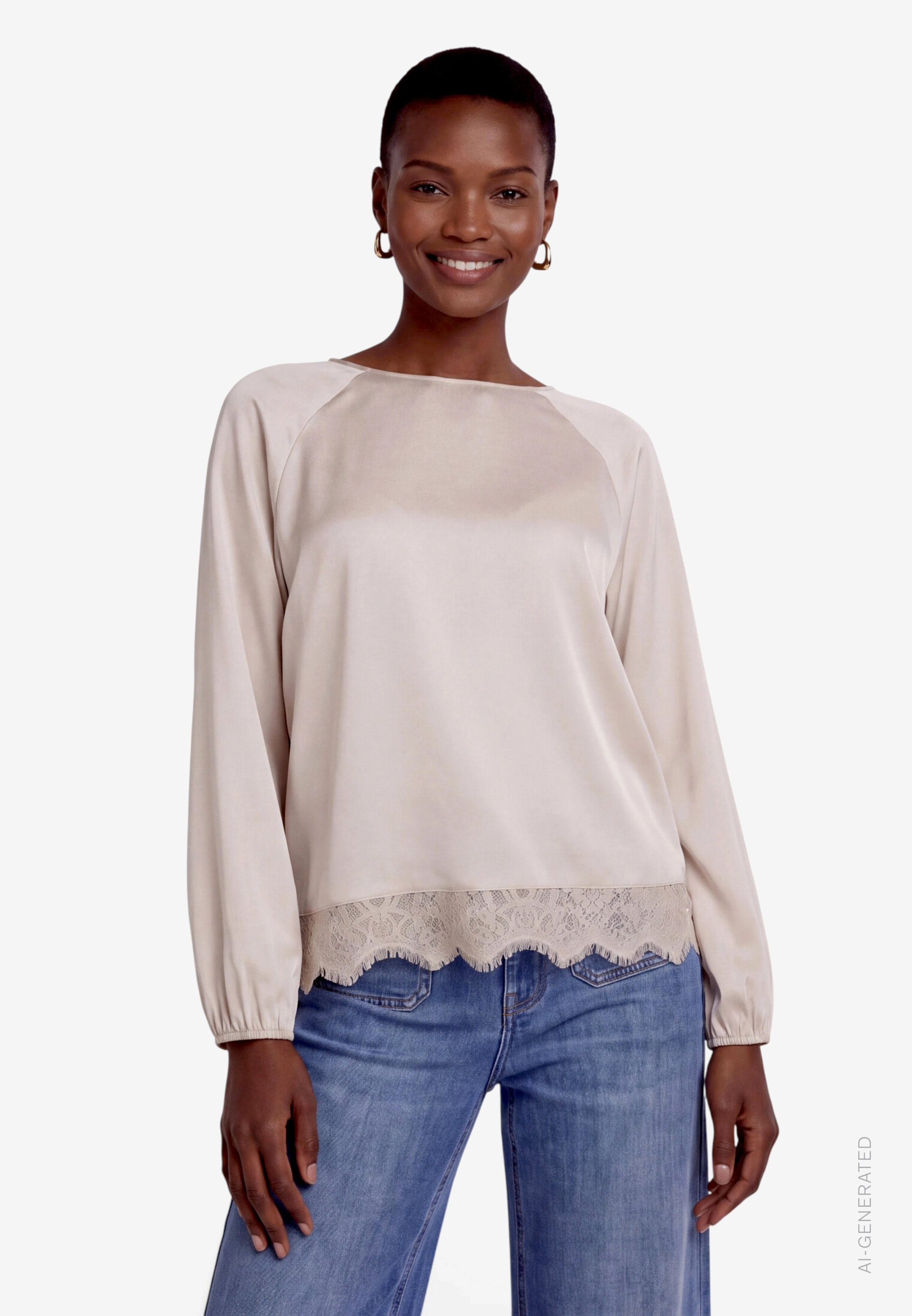 Image of Zero Satinbluse Satin Langarmshirt mit Häkelkante am Saum