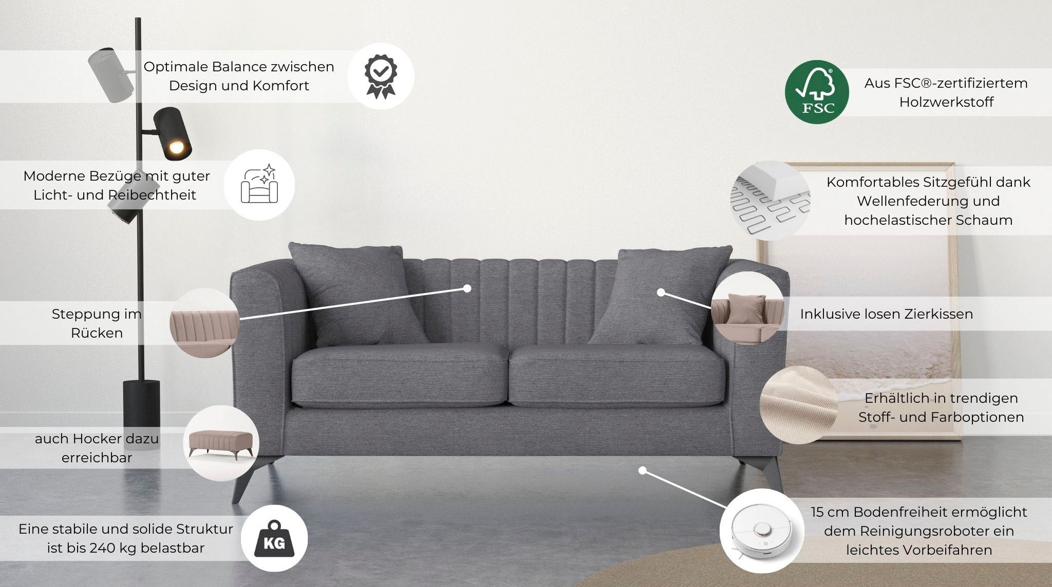 Places of Style 2-Sitzer »MATTHEW elegantes Designsofa, Masse B/T/H: 170/86/74 cm«, Steppung im Rücken, lose Sitzkissen, incl. Zierkissen