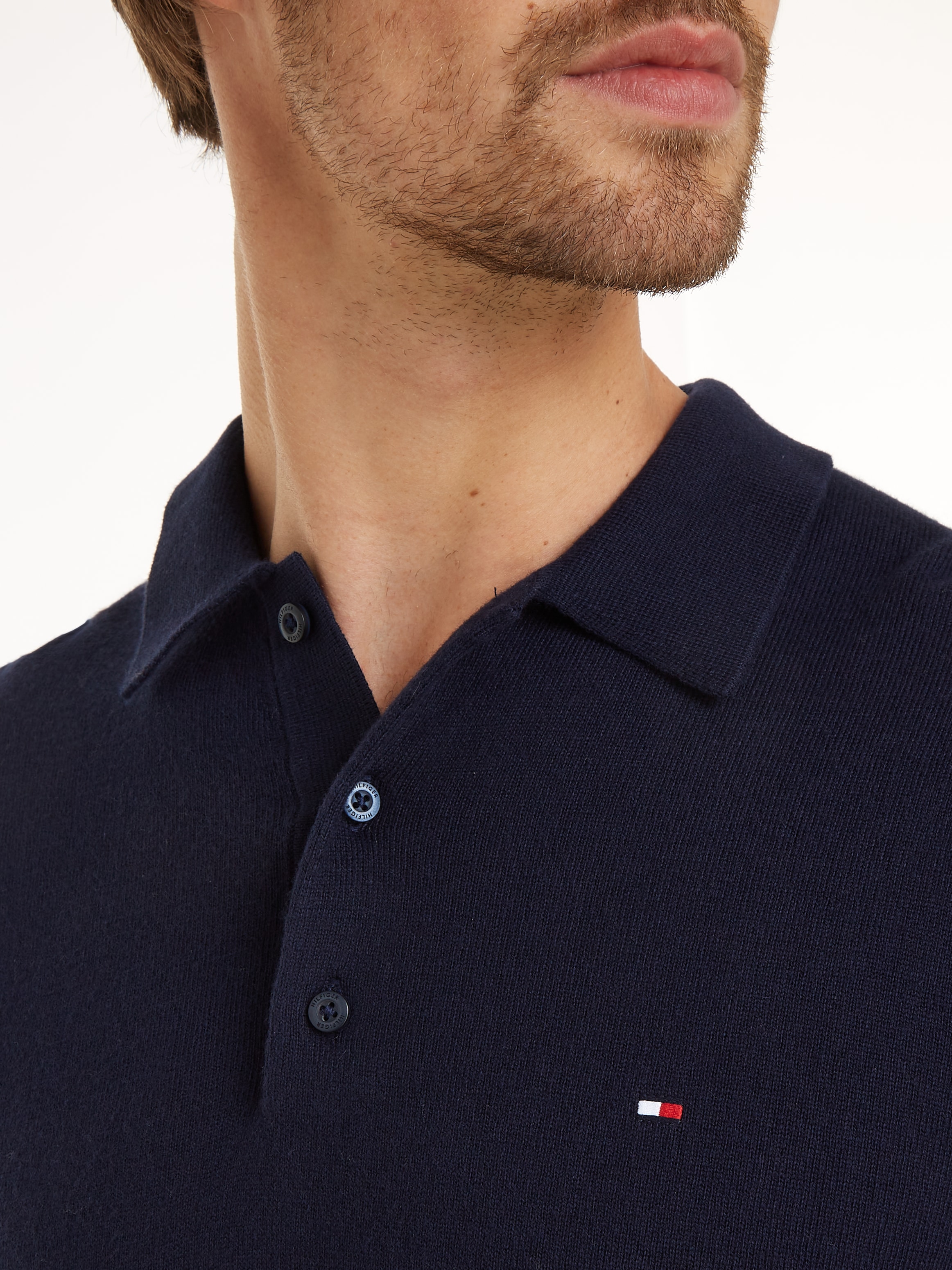 Tommy Hilfiger Polokragenpullover »PIMA ORG CTN CASHMERE LS POLO«, Flag-Stickerei auf Brust