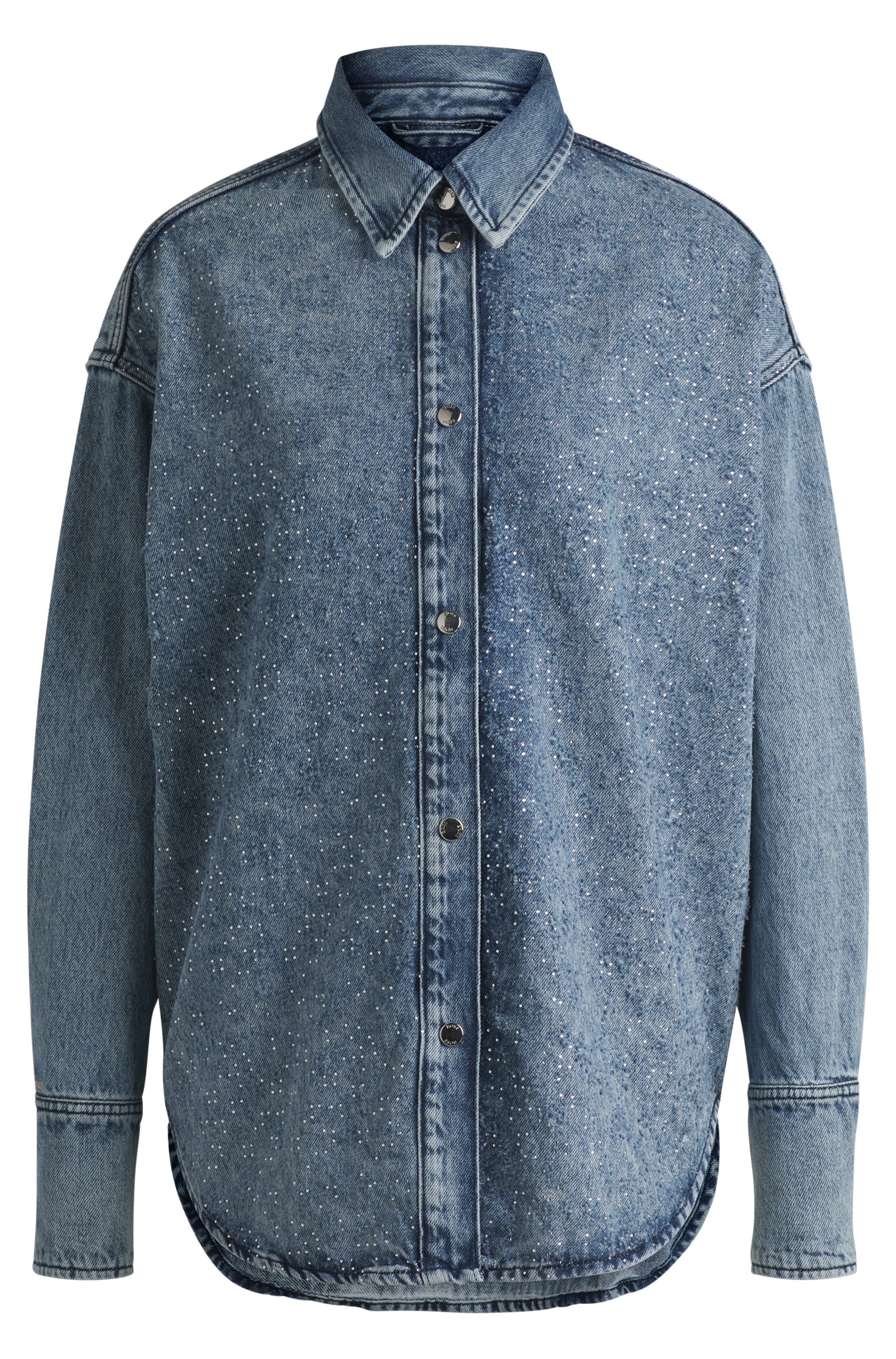 BOSS ORANGE Klassische Bluse »DENIM SHIRT HF Premium Damenmode«, mit Blusenkragen und All Over Strass & Glitzereffekt