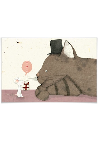 Poster »Loske Katze und Maus Geschenk«, Tiere, (1 St.), Poster ohne Bilderrahmen