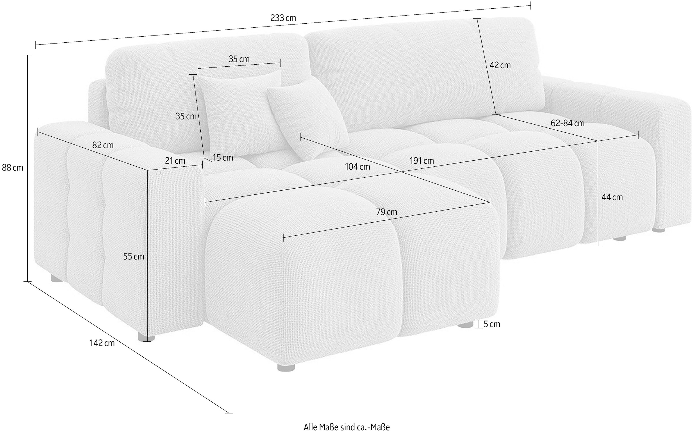 INOSIGN Ecksofa »FELICI, Schlafsofa 233cm, L-Form mit Recamiere beidseitig montierbar«, Designsofa mit Bettfunktion und Bettkasten, Masse B/T/H: 233/142/88 cm