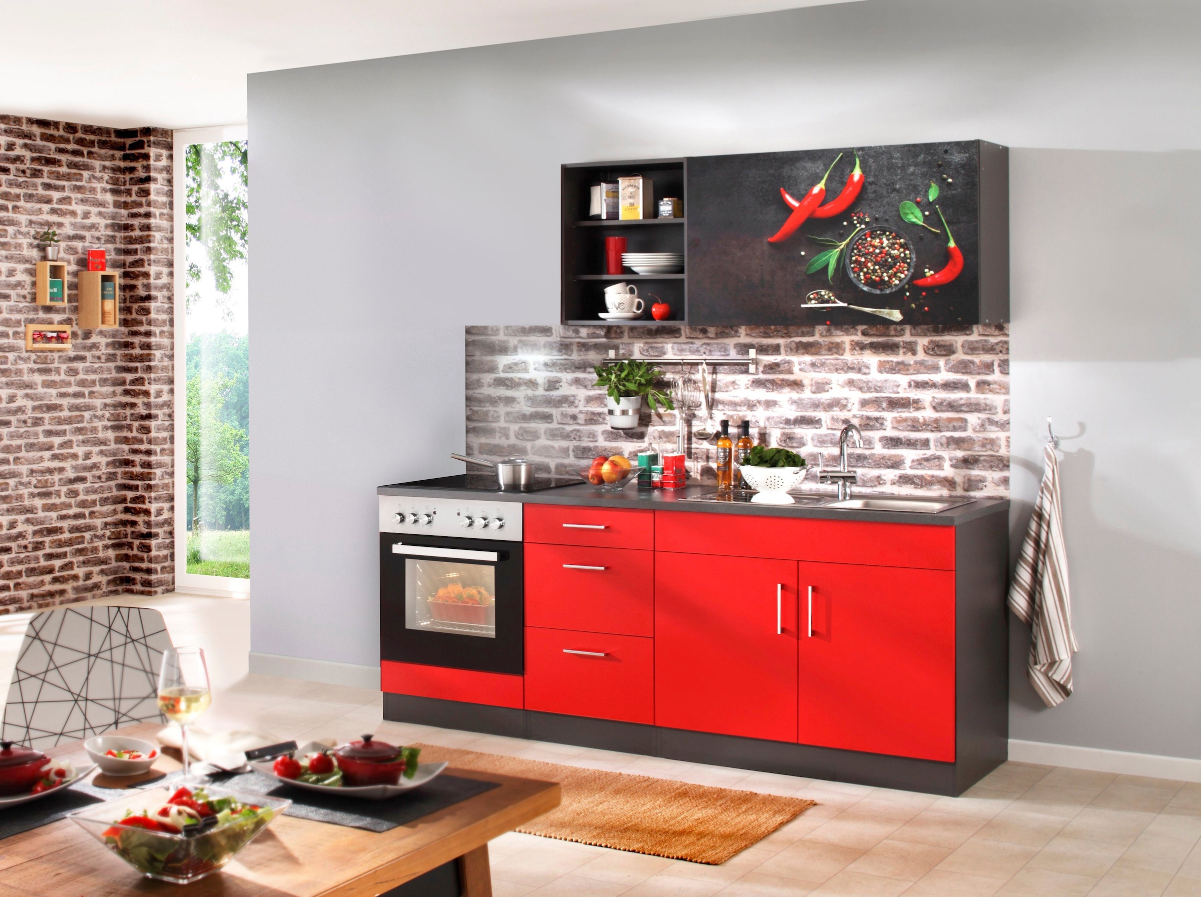 KOCHSTATION Kitchenette »KS-Paris â€“ Küchen mit einzigartigen Fotomotiven auf den Fronten« largeur 210 cm, éventuellement avec appareils électriques, avec impression motif