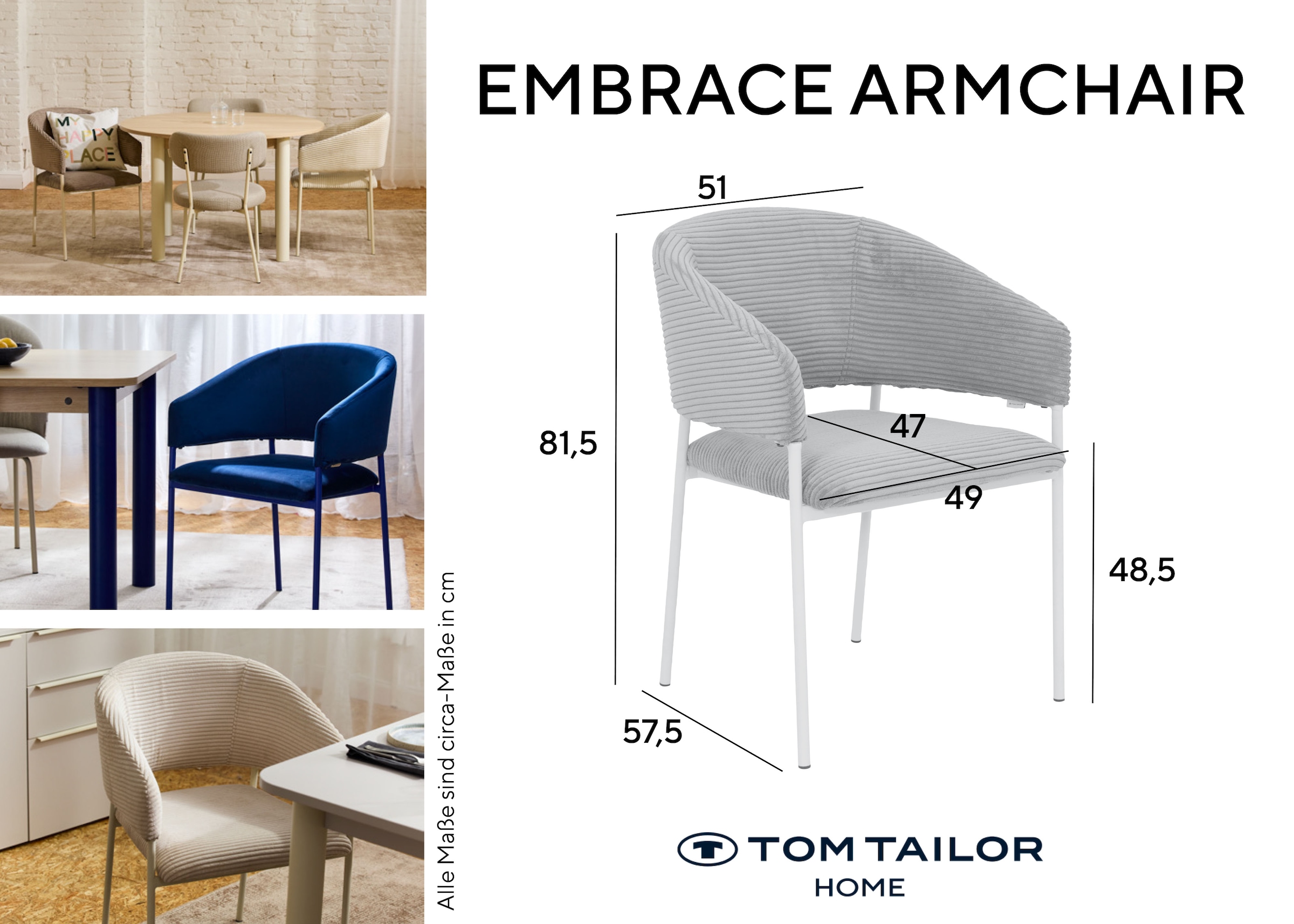 TOM TAILOR HOME Chaise avec accoudoirs »EMBRACE ARMCHAIR« (Set) 2 cuisEsszimmerstuhl, mit Armlehnen, 4-Fussgestell, Rückenausschnitt