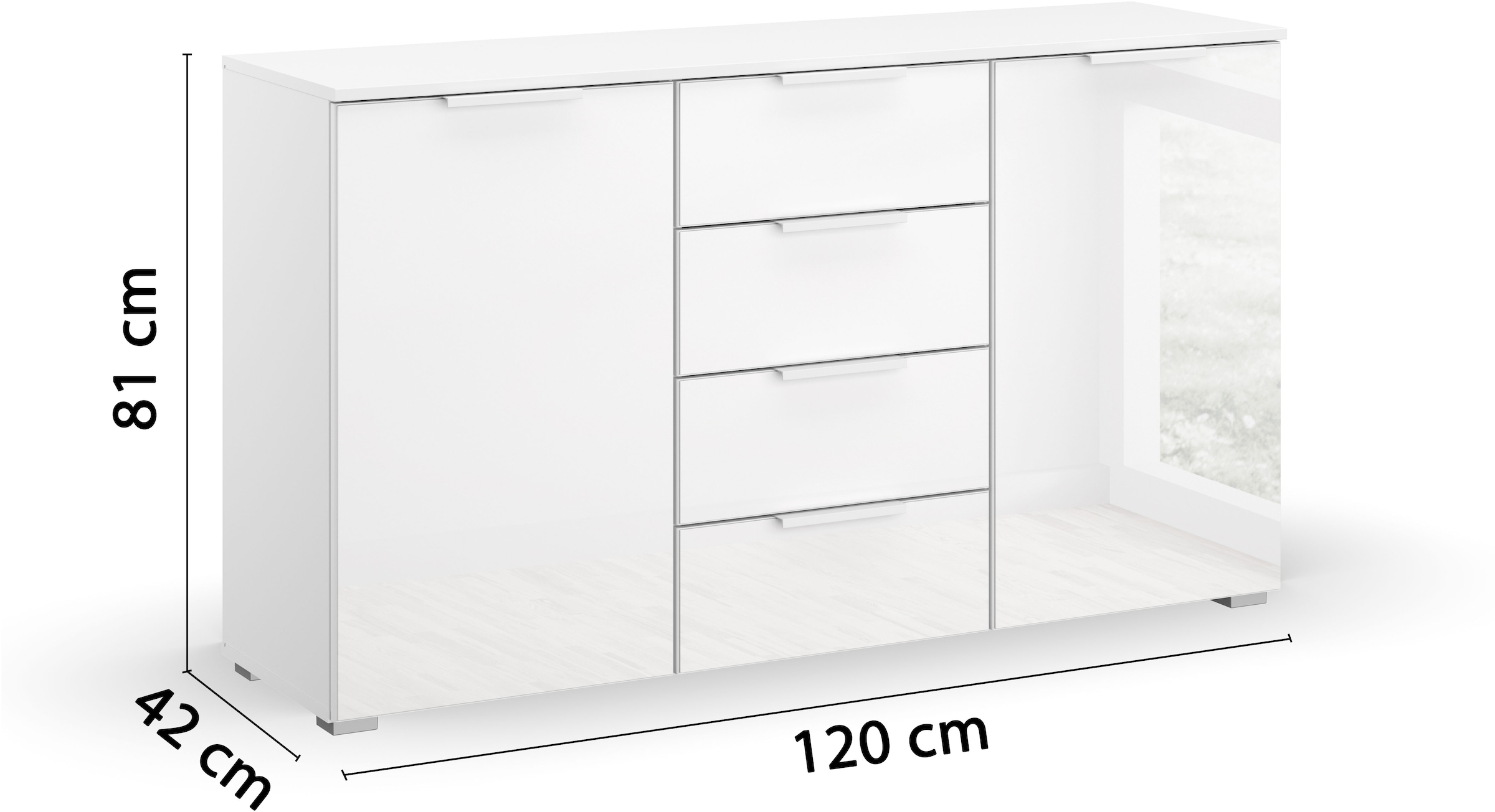 rauch Commode à tiroirs »Sideboard Kommode Kombikommode KOLUNA mit Glasfront« Largeur 120 cm avec façade en verre de qualité,  quatre grands tiroirs, avec au total 4 tablettes MADE IN GERMANY