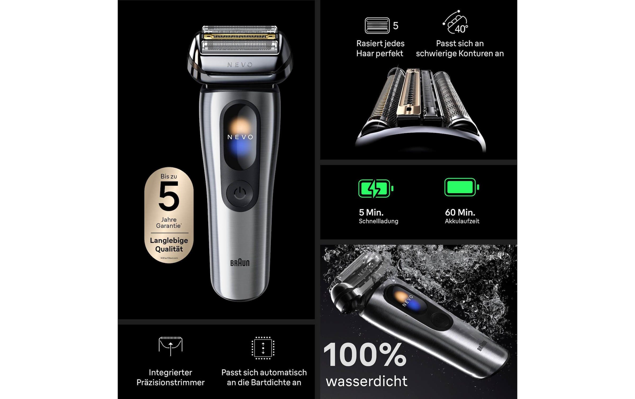Braun Rasoirs électriques »NEVO 15000cc« station de nettoyage SmartClean Plus Tondeuse de précision intégrée AeroTouch, écran intelligent, système de soin 7-en-1, étui de voyage, argent