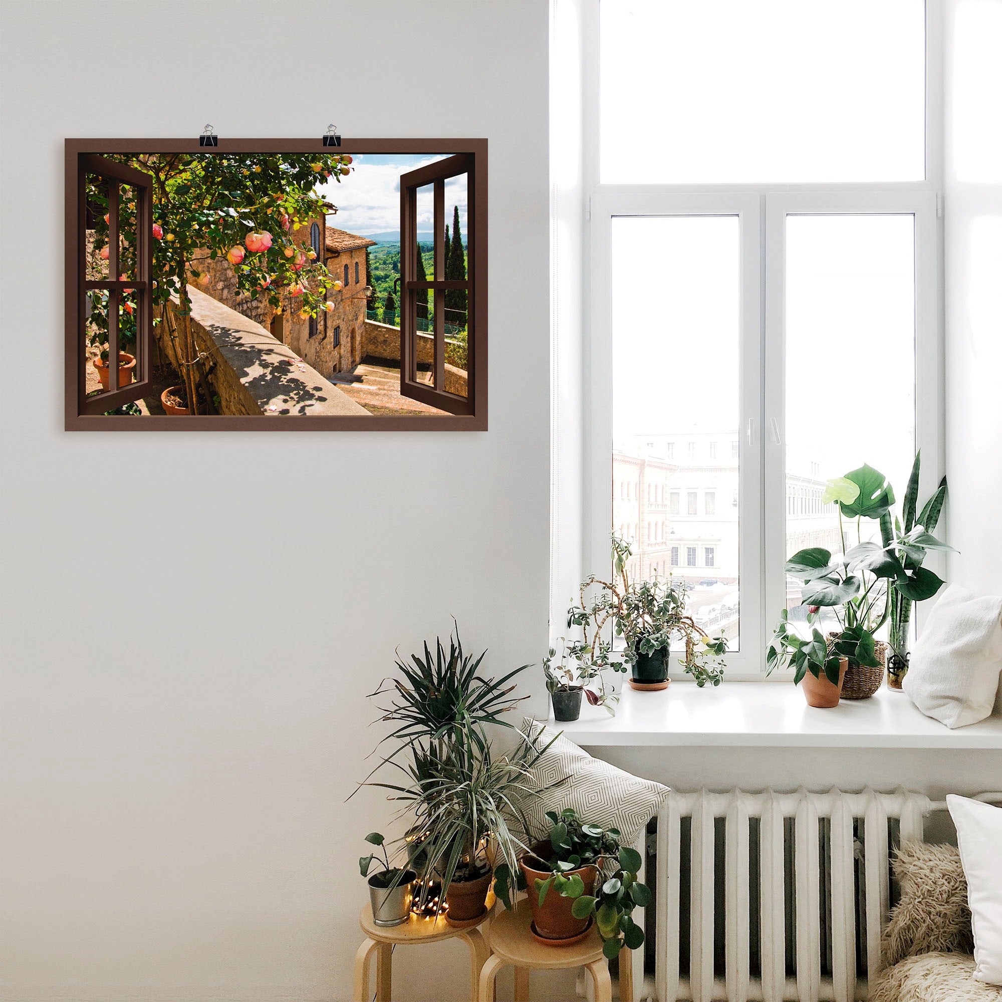 Artland Wandbild »Fensterblick Rosen auf Balkon Toskana« Garten 1 Stk. tlg. als Leinwandbild, Poster in verschied. Grössen