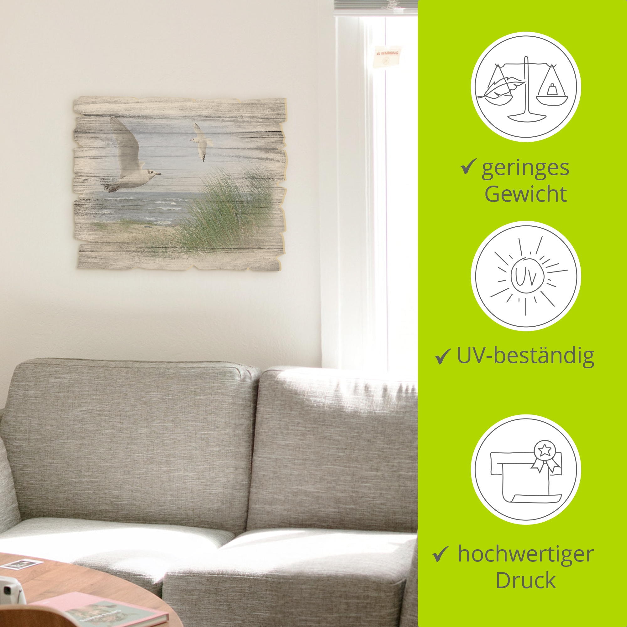 Artland Tableau en bois »Nordseestrand mit Möwen« 1 cuis tlg.