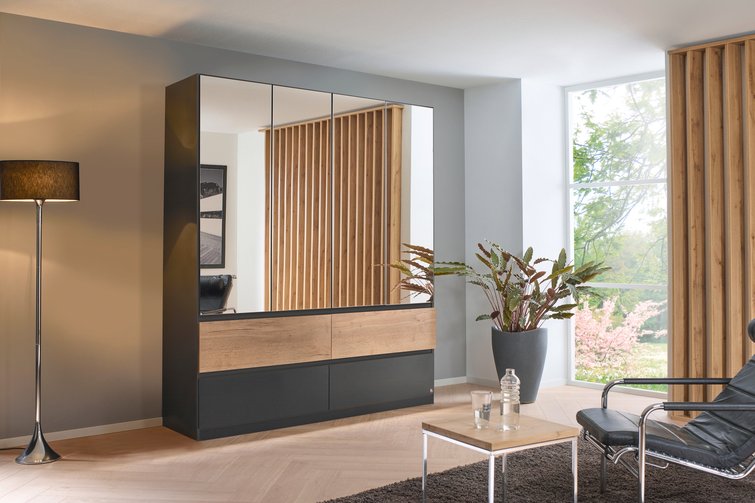 rauch Kleiderschrank »Schrank Garderobe Schlafzimmerschrank Ankleide Mietswohnung WINNIPEG« grifflose Front mit Spiegel, Schubladen mit Griffmulde MADE IN GERMANY