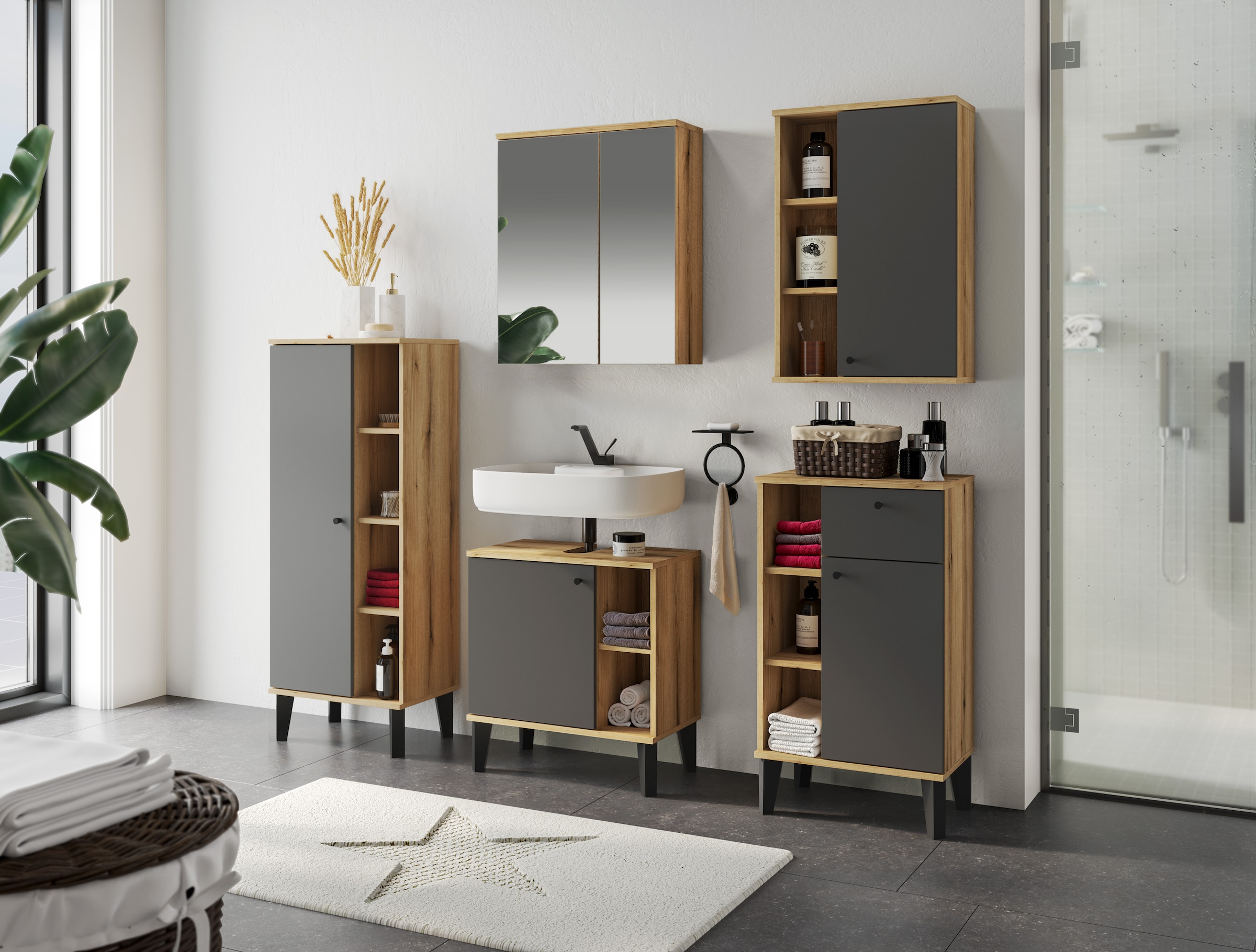 Home affaire Badmöbel-Set »OSLO, Bad im skandinavischen Design, 5-teiliges Badezimmer« Set, 5 Stk. tlg.