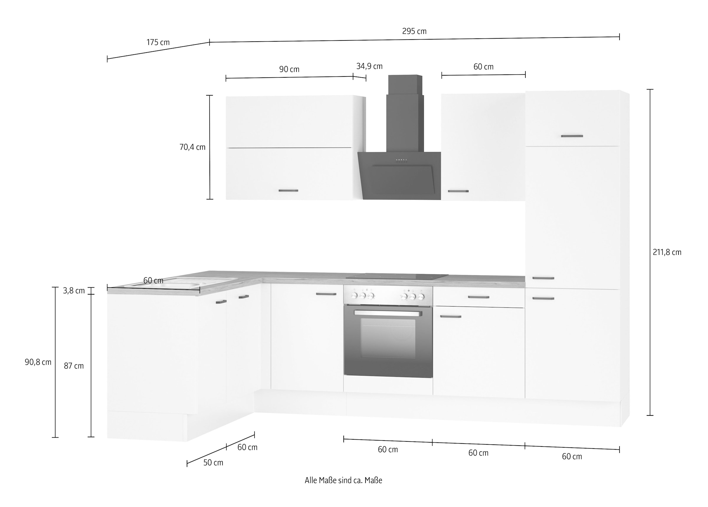 KOCHSTATION Winkelküche »KS-Paula, Stellmasse rechts B/T 295/175 cm, links B/T 175/295 cm« Wahlweise Spüle rechts oder links, mit und ohne E-Geräte