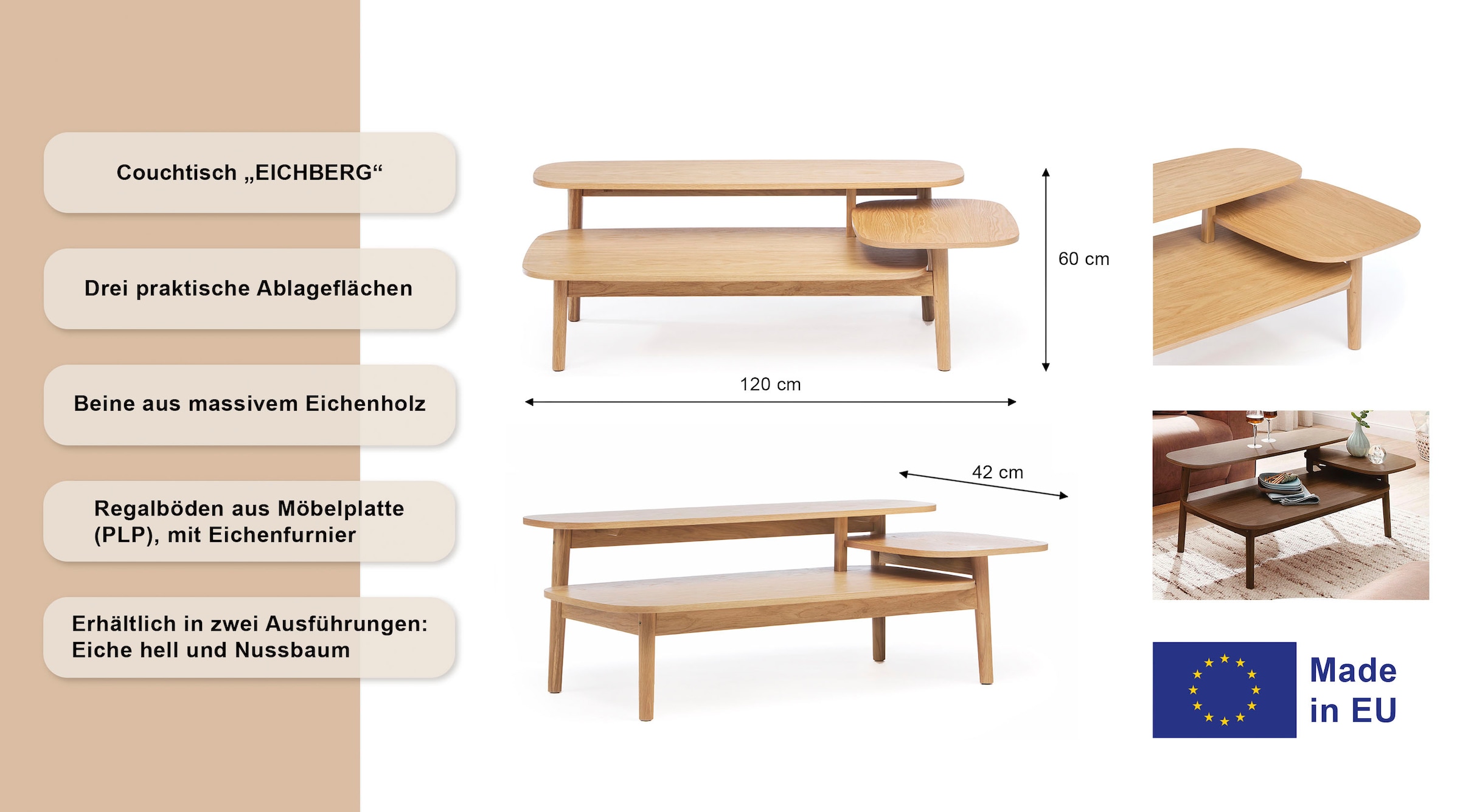 Woodman Table basse »Eichberg, Kafeetisch, Sofatisch, Wohnzimmertisch« mit 3 verschiedenen Ebenen, Breite 120 cm, FSC®-zertifiziert