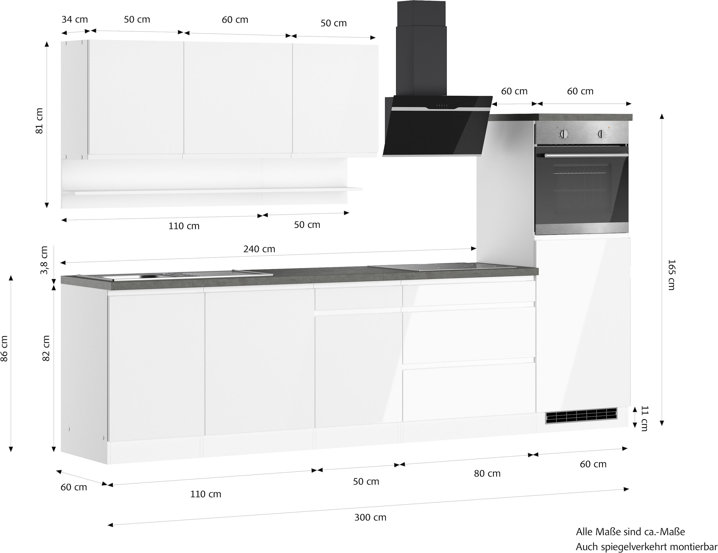 KOCHSTATION Kitchenette »KS-Virginia,neu in verbesserter Ausführung« plan de travail épaisseur 38 mm, rangement, fermeture douce,  largeur 300 cm, fermeture douce, avec appareils électriques en option