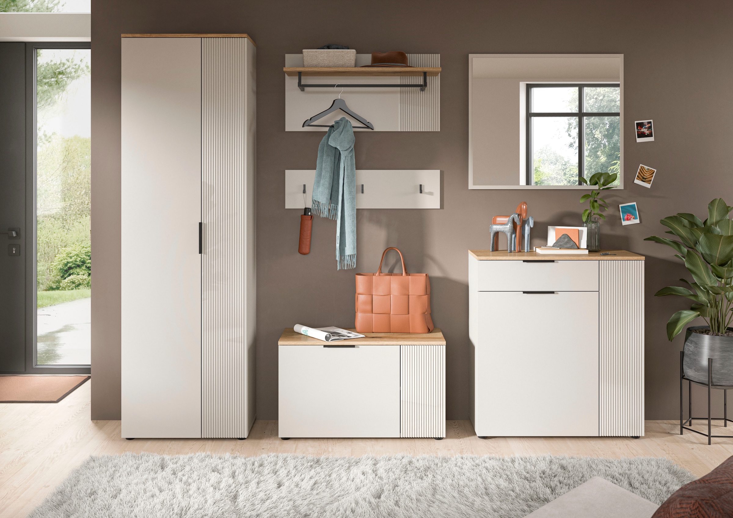 INOSIGN Ensemble de vestiaires »EDIL, Breite 250 cm, 6-teilig, Front mit hochwertiger Längstfräsung« Set, Hochschrank, Sitzbank, Paneel, Hakenleiste, Kommode & Spiegel, 5 cuis tlg.