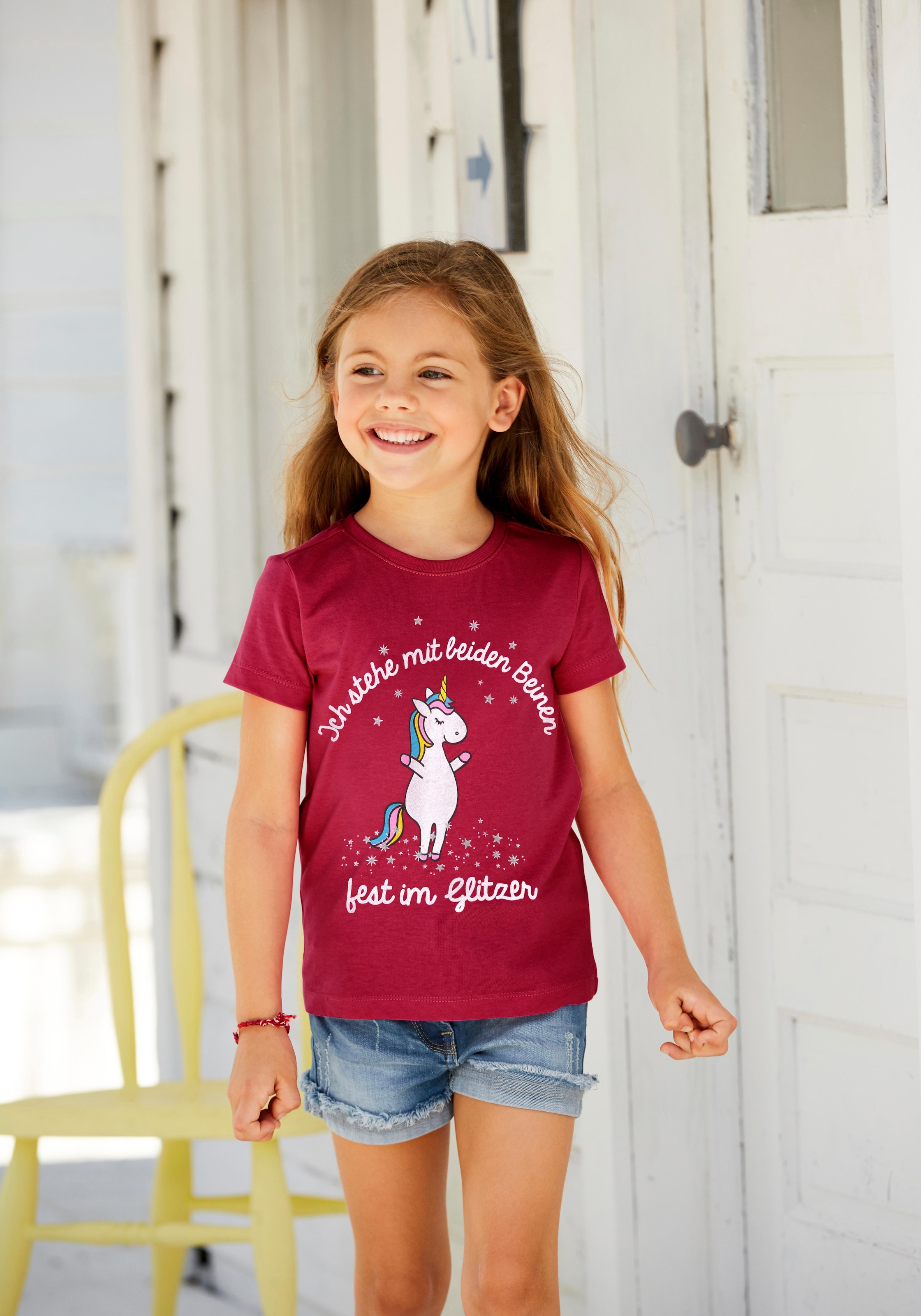 Mindestbestellwert kleine - KIDSWORLD T-Shirt Glitzereffekten Modische bestellen »für versandkostenfrei Druck ohne mit Mädchen«, \