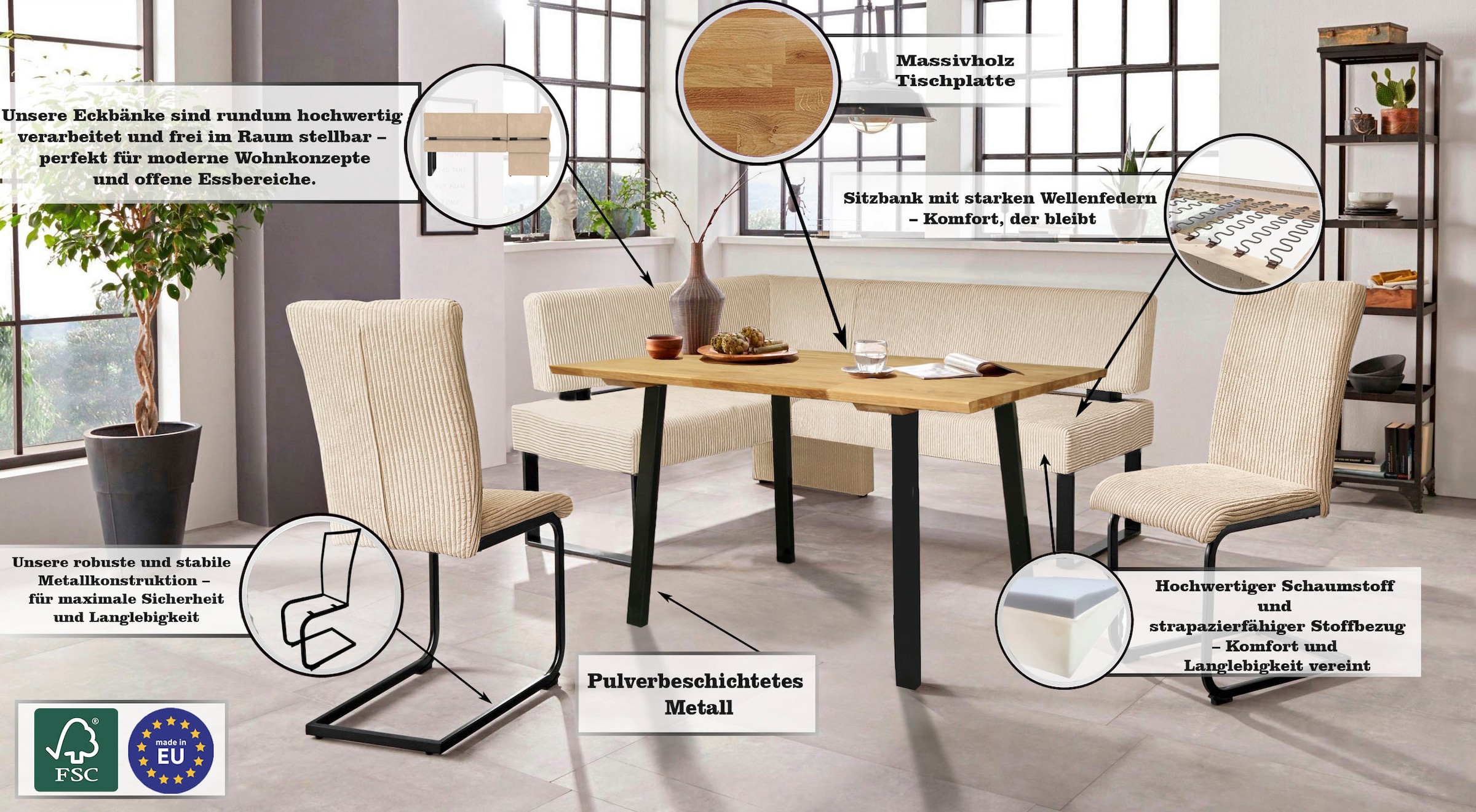 GOODproduct Eckbankgruppe »Oliver« Set, 4-tlg, 4 Stk. tlg. Eckbank mit Wellenunterfederung im Sitz, Tisch Massiv Eiche