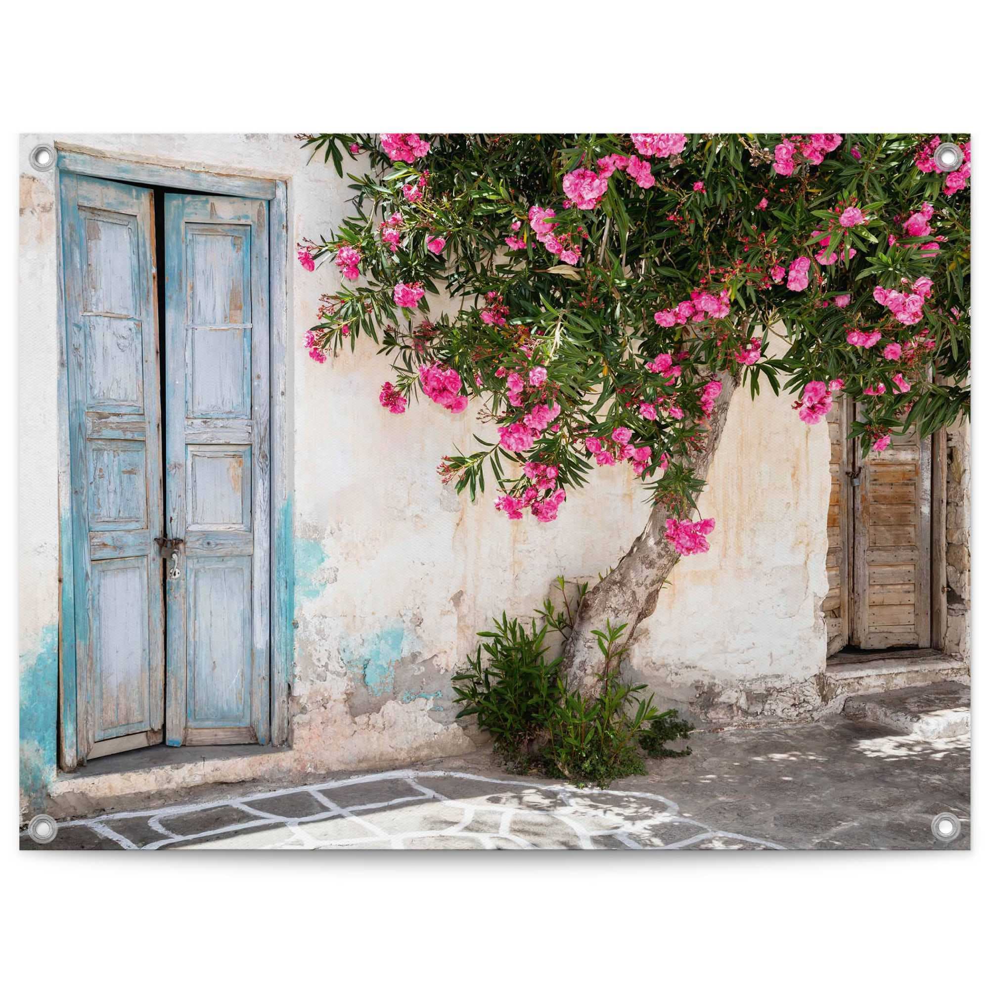 Image of Reinders Poster "Greek Facade" Garten - Griechenland - Blumen - Tür - Rosa - Leinwand - 80x60 cm