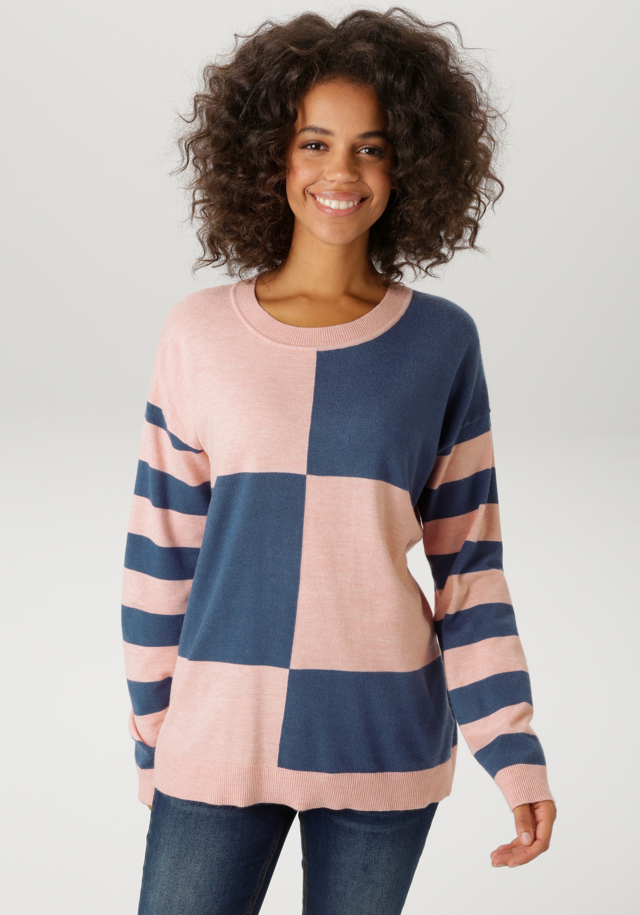 Image of Aniston CASUAL Strickpullover mit grossflächigem Patchmuster und geringelten Ärmeln