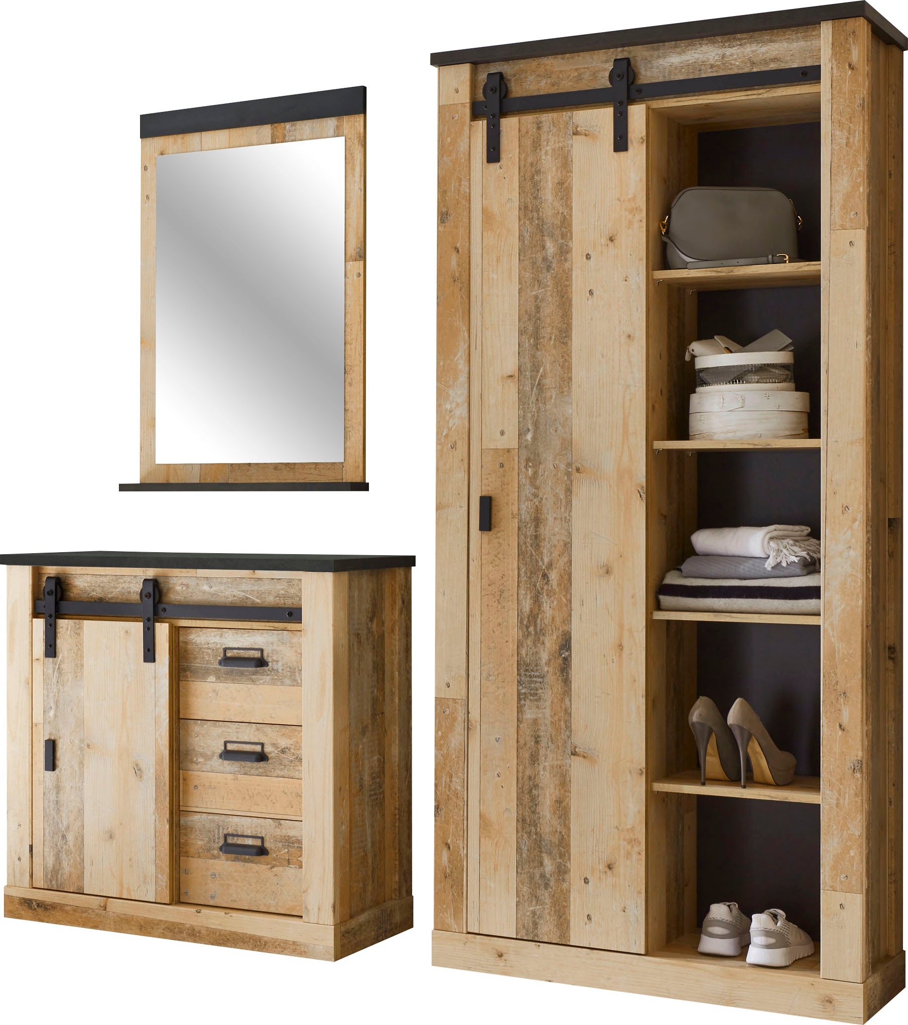 Image of Premium collection by Home affaire Garderoben-Set »SHERWOOD«, (3 St.), in modernem Holz Dekor, mit Scheunentorbeschlag und Apothekergriffen aus Metall, Breite ca. 206 cm bei Ackermann Versand Schweiz