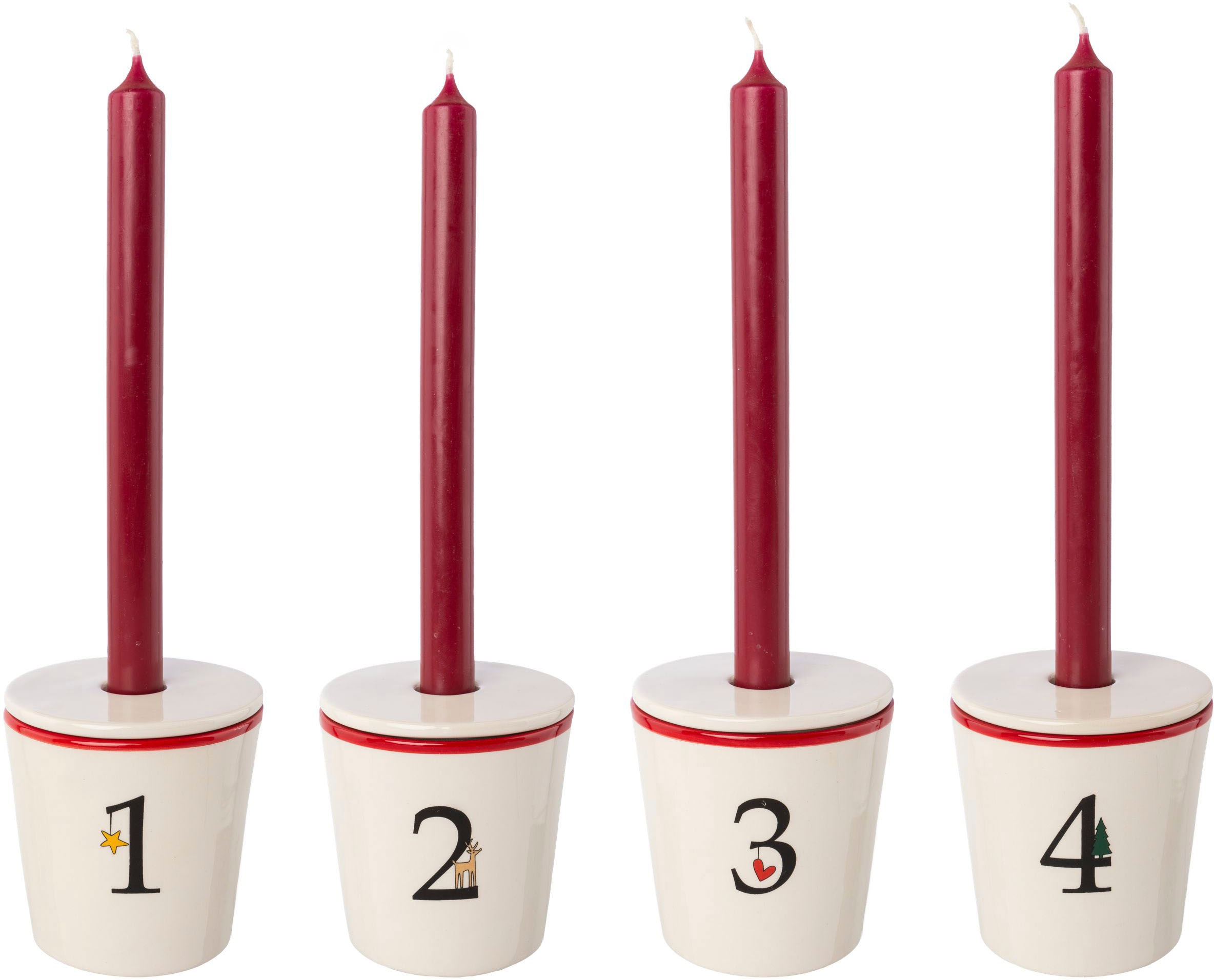 Creativ deco Kerzenhalter »Stabkerzenhalter für die Adventszeit, Weihnachtsdeko«, (Set, 4 St.), Becher aus Keramik mit Cover 1 bis 4, Höhe ca. 10 cm, Adventsleuchter