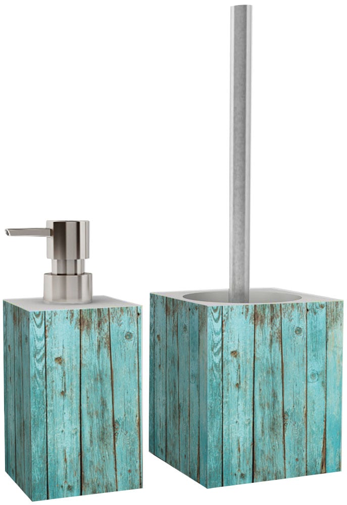 Sanilo Set d'accessoires de salle de bain »Lumber« bestehend aus WC-Sitz, Badteppich, Stöpsel, Seifenspender, WC-Bürste