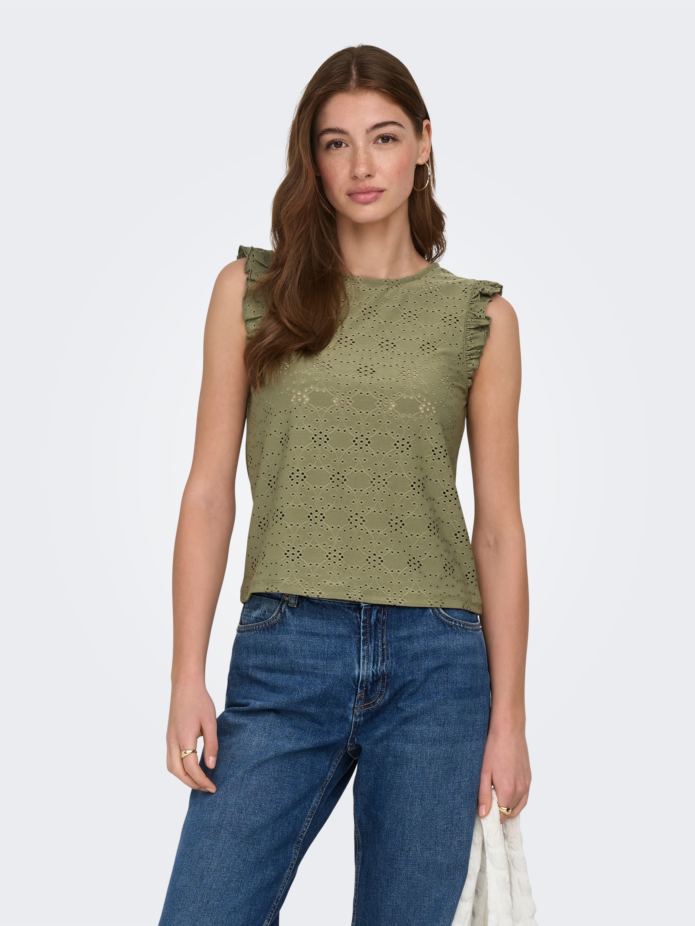 ONLY Haut de chemise »ONLSMILLA S/L FRILL TOP JRS« mélange de matières, coupe régulière, col rond