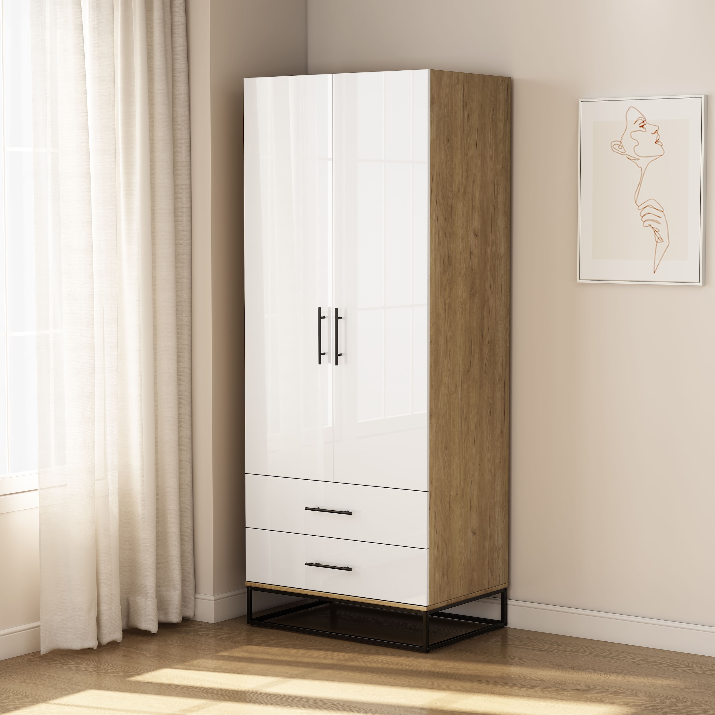 GOODproduct Kleiderschrank »Lucca Schlafzimmerschrank Garderobe hochglanz Bestseller« Hochwertige schwarze Griffe und Kufengestell,  Schlafzimmerschrank mit 2 Türen und 2 Schubladen, Breite 80cm