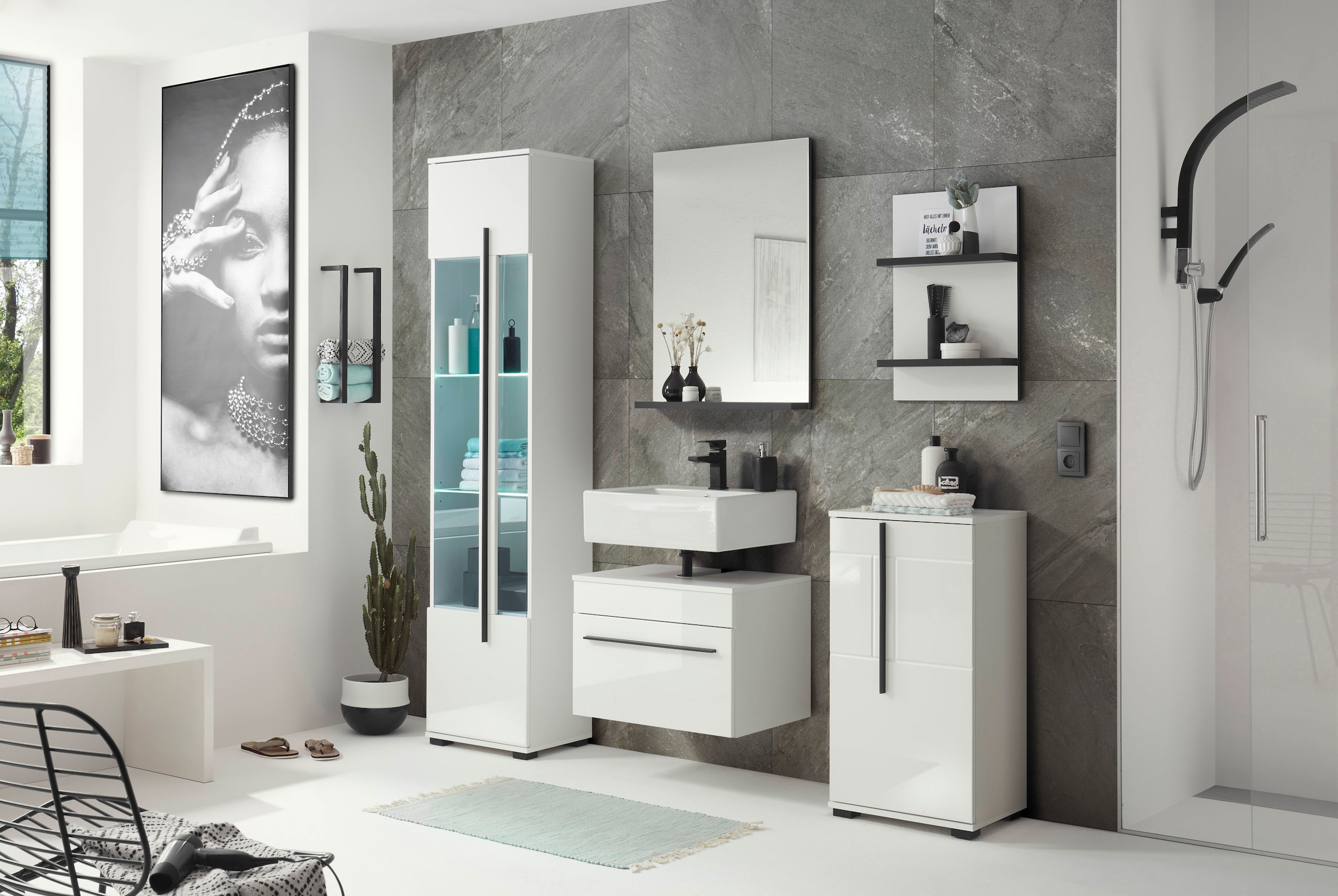 INOSIGN Waschbeckenunterschrank »Cantara, Badschrank in Hochglanz Weiss, Waschtisch«, mit schwarzem Griff, ausreichend Stauraum