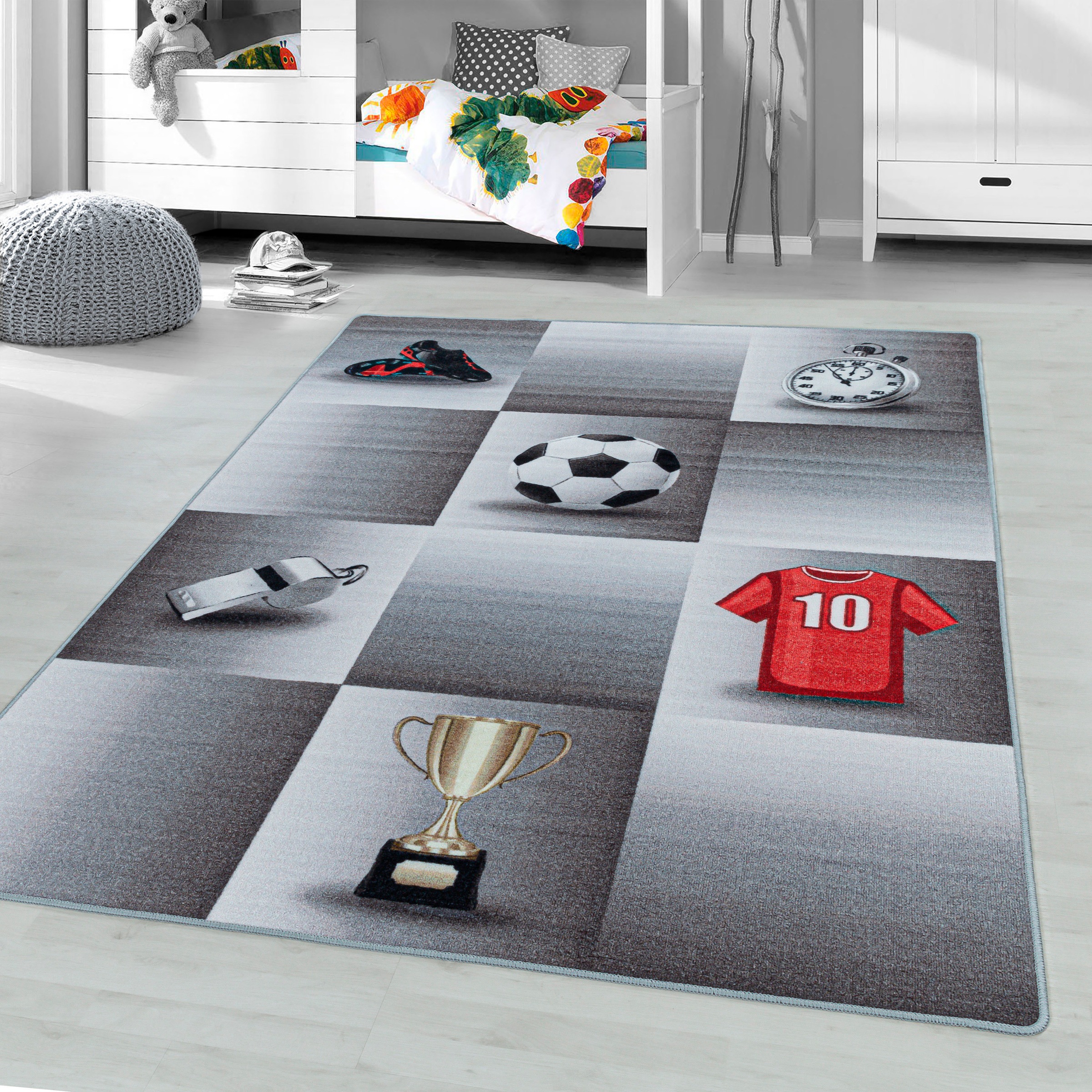Image of Ayyildiz Teppiche Kinderteppich "PLAY 2906" rechteckig 6 mm Höhe robuster Kurzflor, Fussball, Kinderzimmer