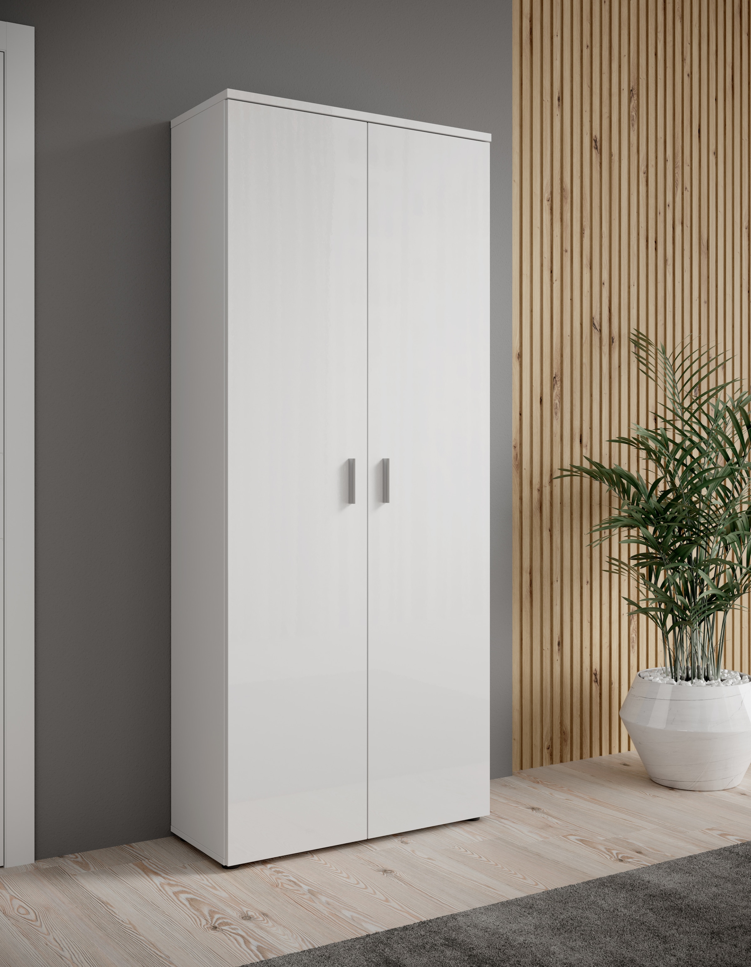 Image of HBZ Schuhschrank "Lincoln weiss Glanz, BxHxT 80x190x35 cm" 1 Stk. tlg. Schuhschrank mit 2 Türen, 9 Einlegeböden, 2 feste Böden