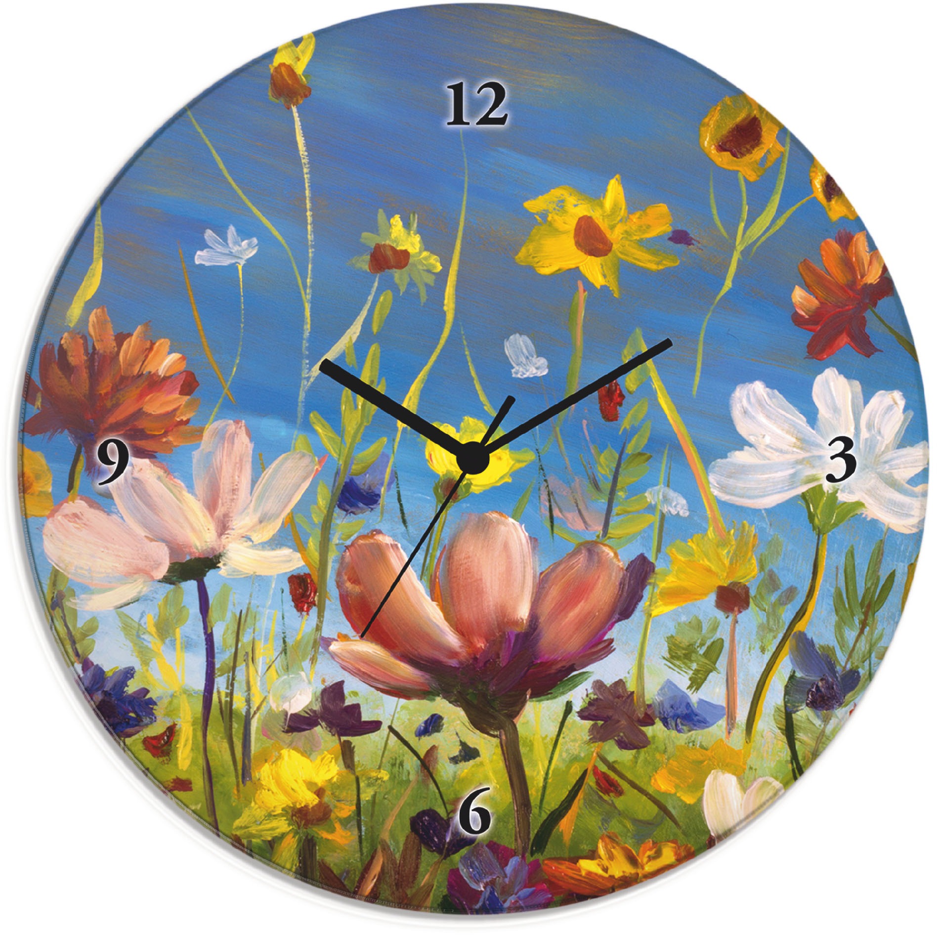Image of Artland Wanduhr "Glasuhr rund Wildblumenwiese" wahlweise mit Quarz- oder Funkuhrwerk, lautlos ohne Tickgeräusche