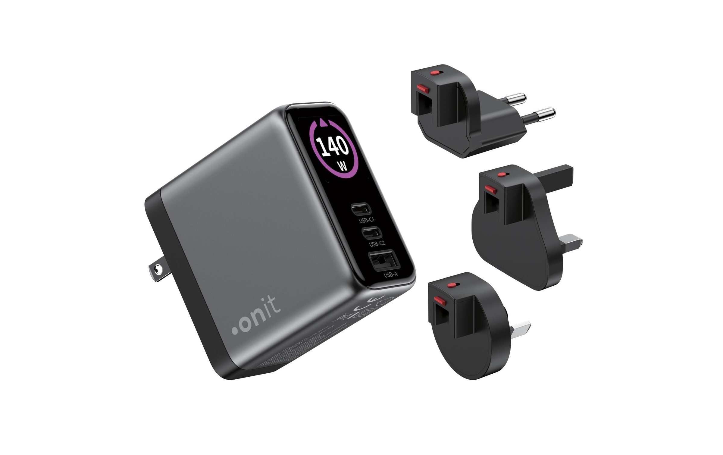 onit Chargeur USB »Travel 2C1A 140 W GaN« Chargeur de voyage avec adaptateurs interchangeables pour utilisation mondiale