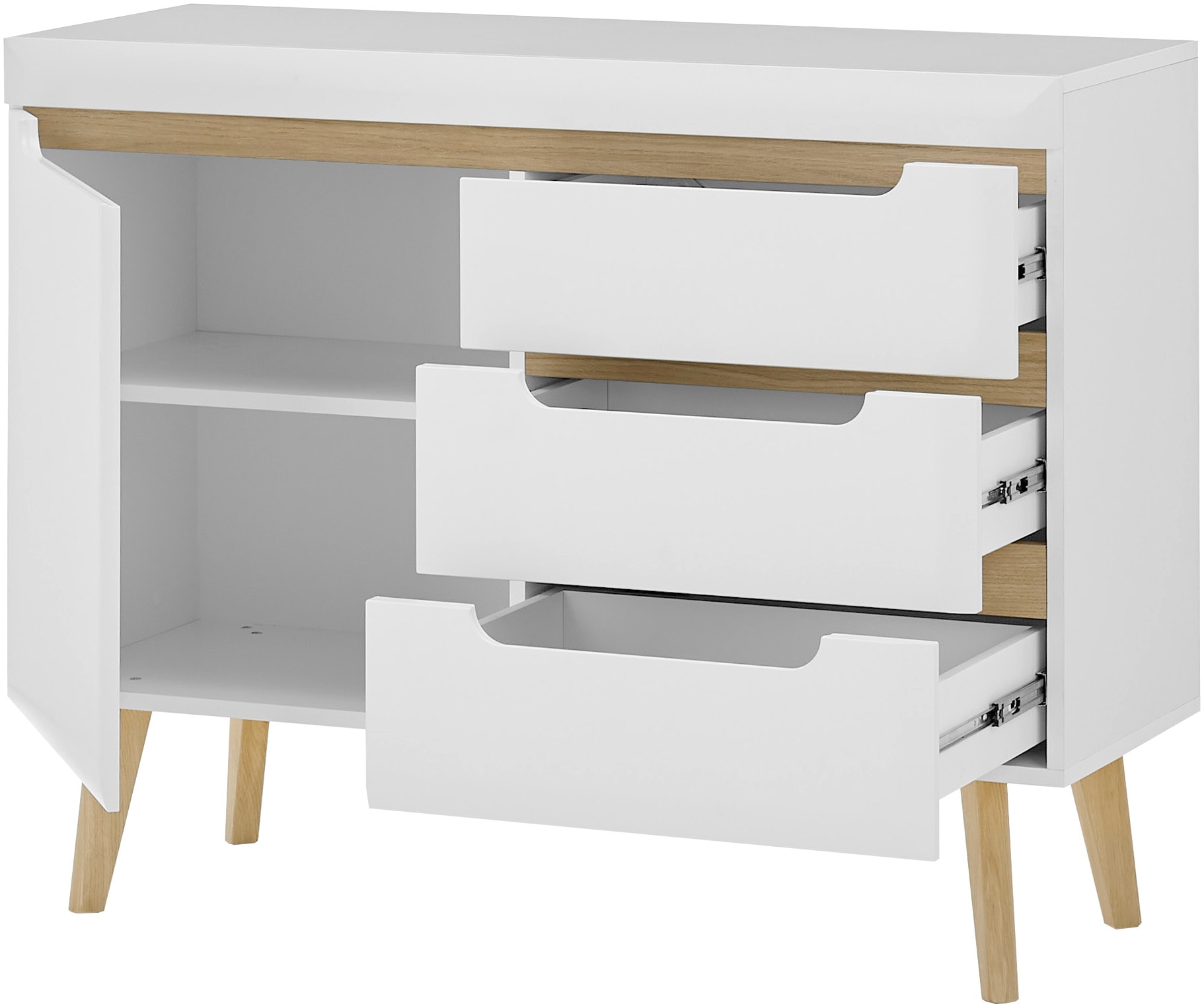INOSIGN Sideboard »Torge, Anrichte, Kommode, Schubladenschrank«, (1 St.), abgeschrägte Füsse, drei Farben, Scandi Design, 107 cm breit