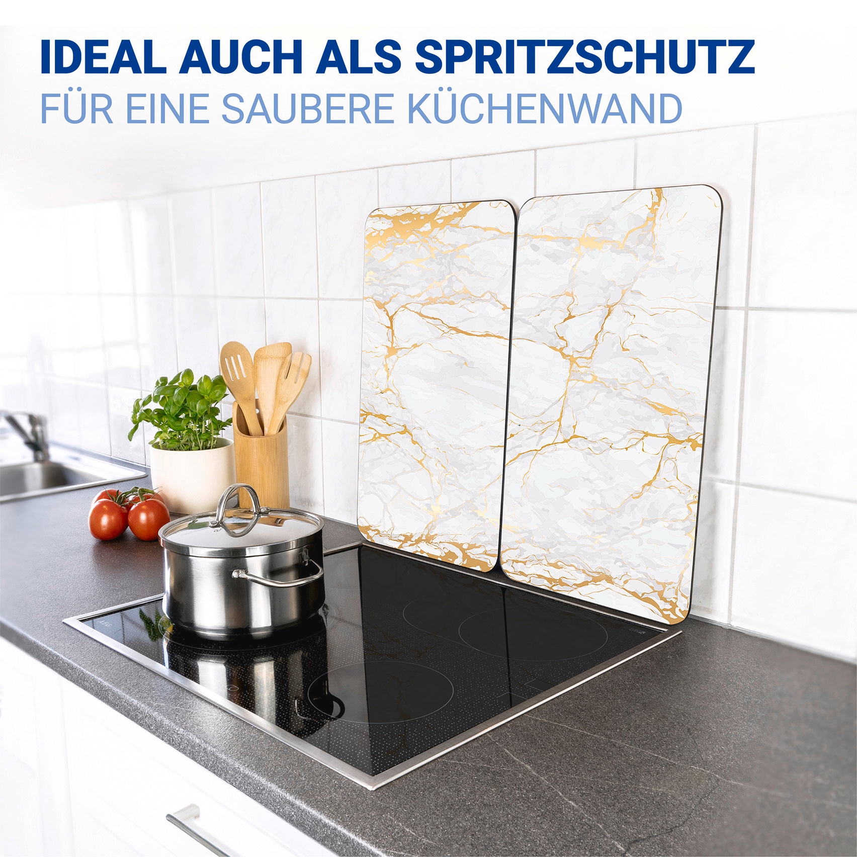 WENKO Herd-Abdeckplatte »Universal Modell Marmor Goldfarben«, (Set, 2 tlg.), Herdabdeckung für alle Herdarten, kratzfest, mit rutschfesten Füssen