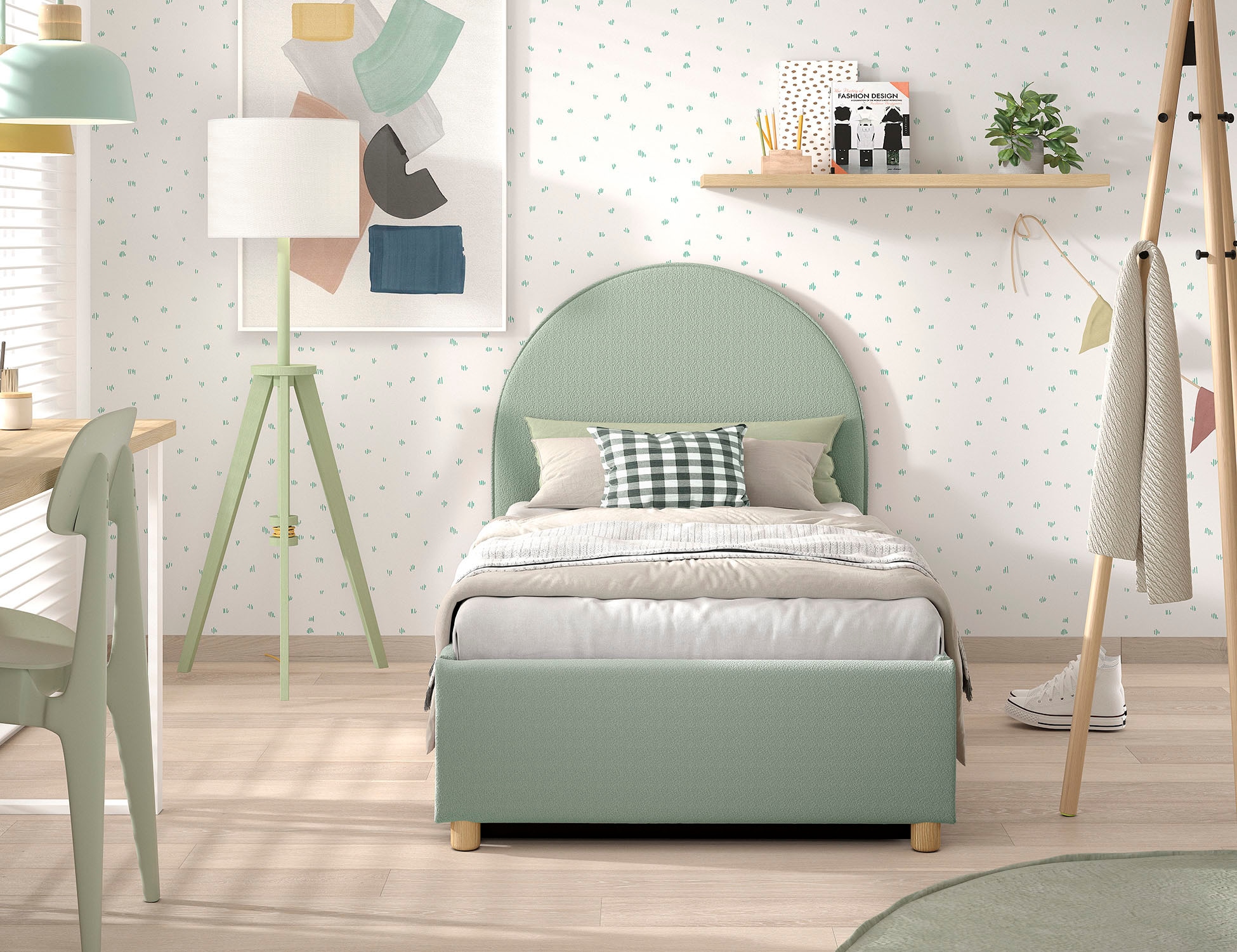 Vipack Boxbett »Moon, mit Lattenrost und Stauraum, modernes Design« gerundetes Kopfteil und in 2 Breiten erhältlich,  inkl. Massivholz Füssen in natur, 3 Stoff Farben zur Auswahl
