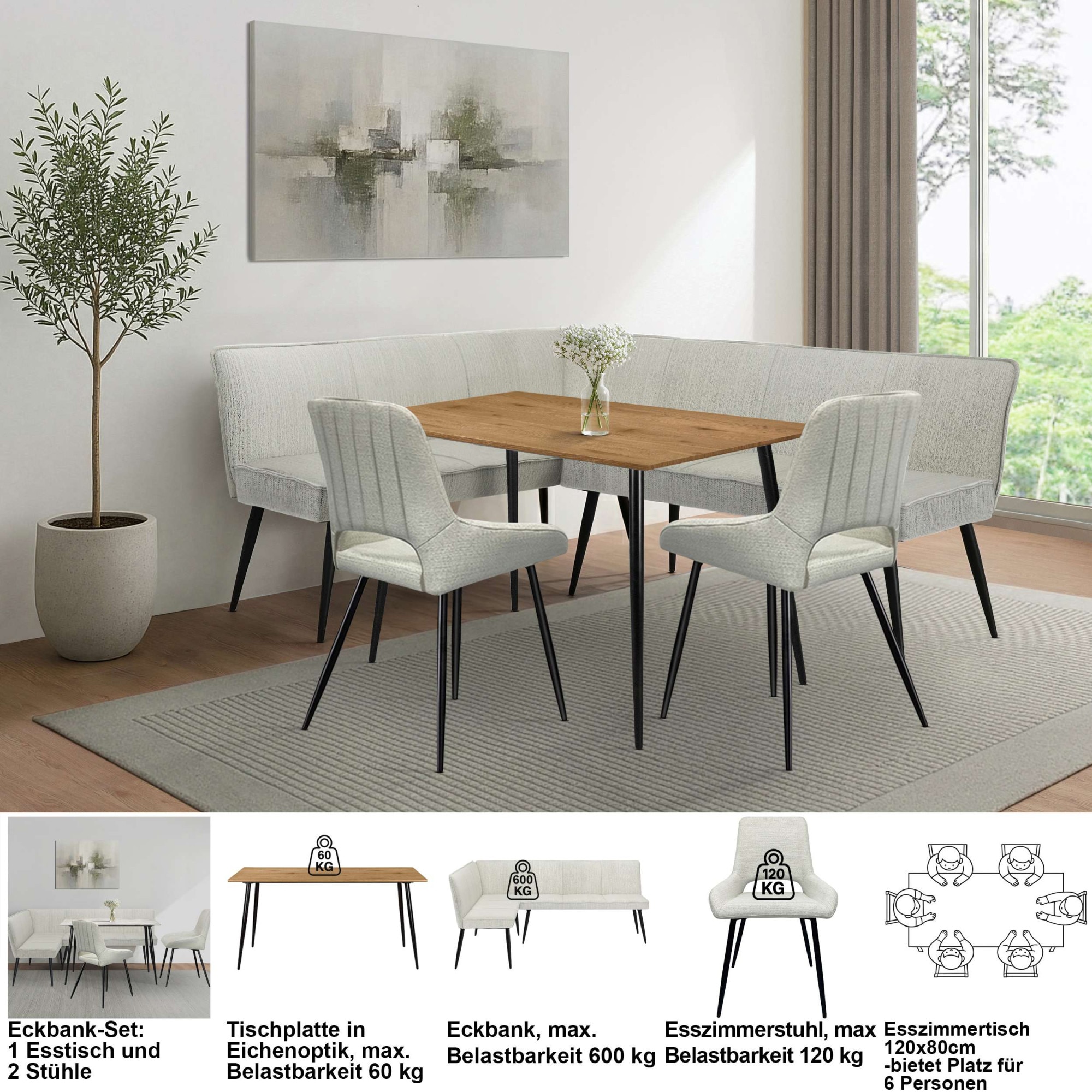 GOODproduct Eckbankgruppe »Danny/Ianna/Derrek« Set, Eckbankgruppe mit Tisch, Eckbank, Stühle, 4 tlg. Sitzgruppe, Eckbank und Stühle bequem gepolstert, Tisch 120x80 cm