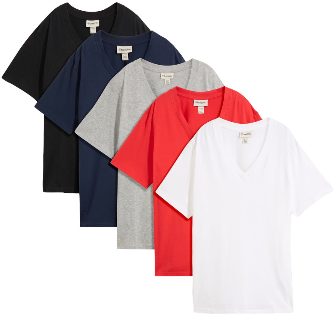 Image of bonprix Longshirt "Weites Long-Shirt mit V-Ausschnitt, Kurzarm (5er Pack)" Packung, 5 tlg. lockere Passform, Kurzarm, mit V-Ausschnitt, unifarben