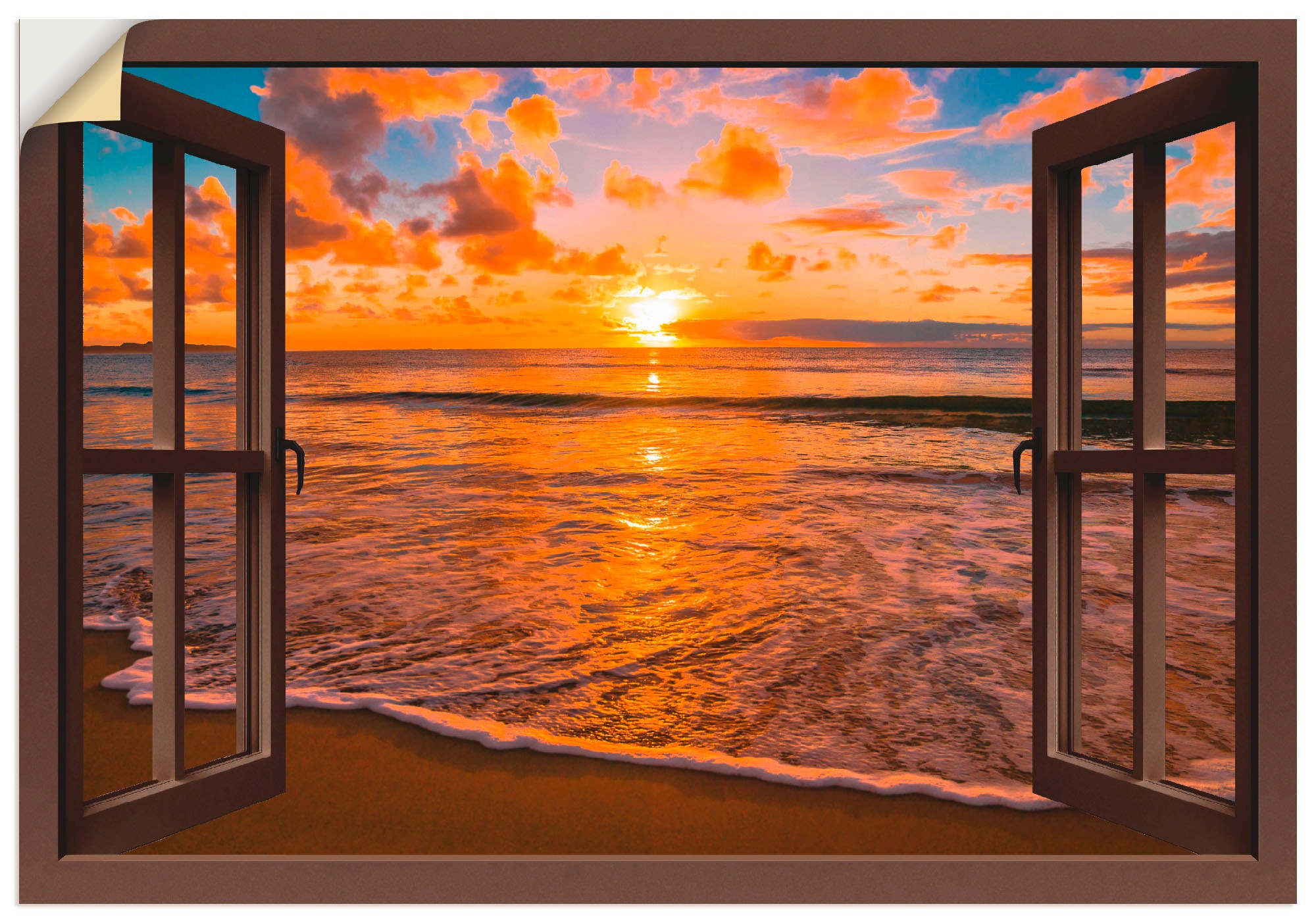 Image of Artland Wandbild »Fensterblick Sonnenuntergang am Strand«, Sonnenaufgang & -untergang, (1 St.), in vielen Grössen & Produktarten -Leinwandbild, Poster, Wandaufkleber / Wandtattoo auch für Badezimmer geeignet bei Ackermann Versand Schweiz