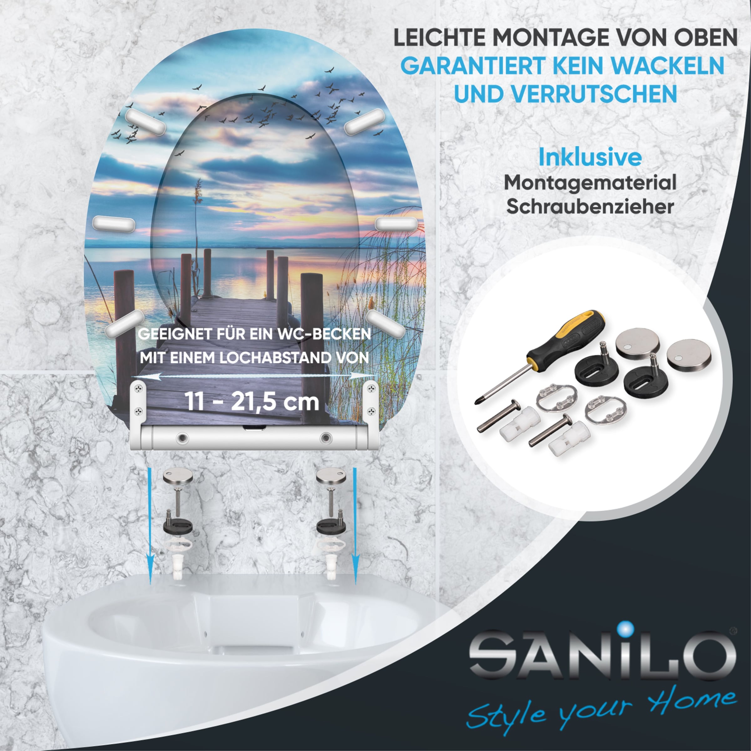 Sanilo Siège de WC »Sunset mit Absenkautomatik & Quick Release« Premium Toilettendeckel, abnehmbar, leichte Montage von oben