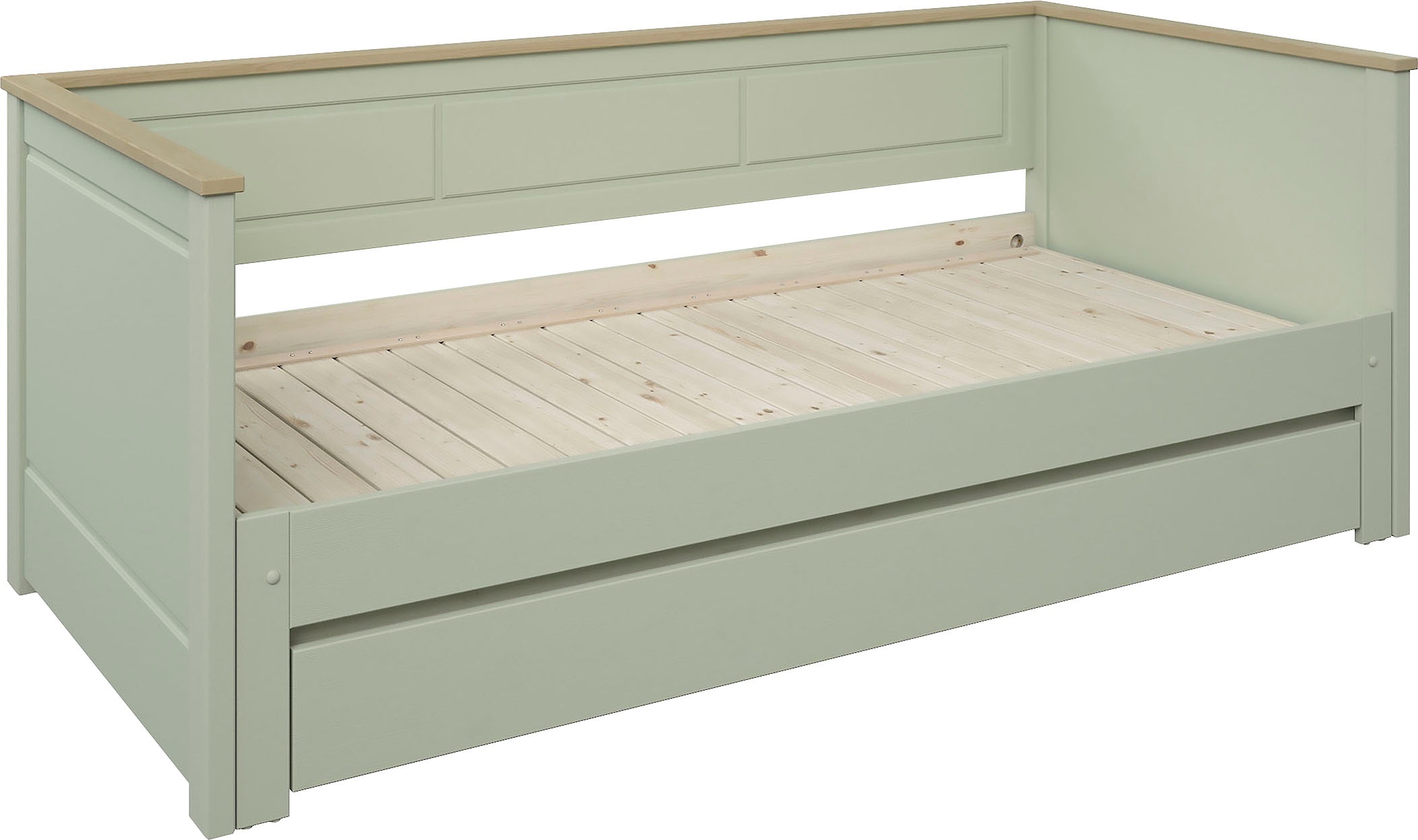 OTTO home Funktionsbett "" ERIK " Daybed, Gästebett, Kinderbett, Massivholz (Kiefer)" stilvolle Kassetten - Fräsung, 90x200cm ausziehbar auf 180x200cm), 2. Schlafplatz ausziehbar, moderner Landhausstil, Schublade optional