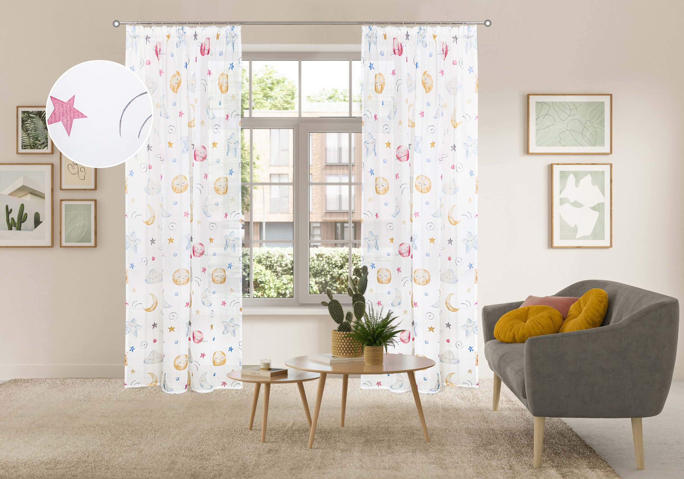 Image of GOODproduct Gardine "Morgann, 1 Stück, Kräuselband, verspieltes Design" Kräuselband 1 Stk. tlg. Kräuselband, verspieltes Design, Pflegeleicht, transparentes Material