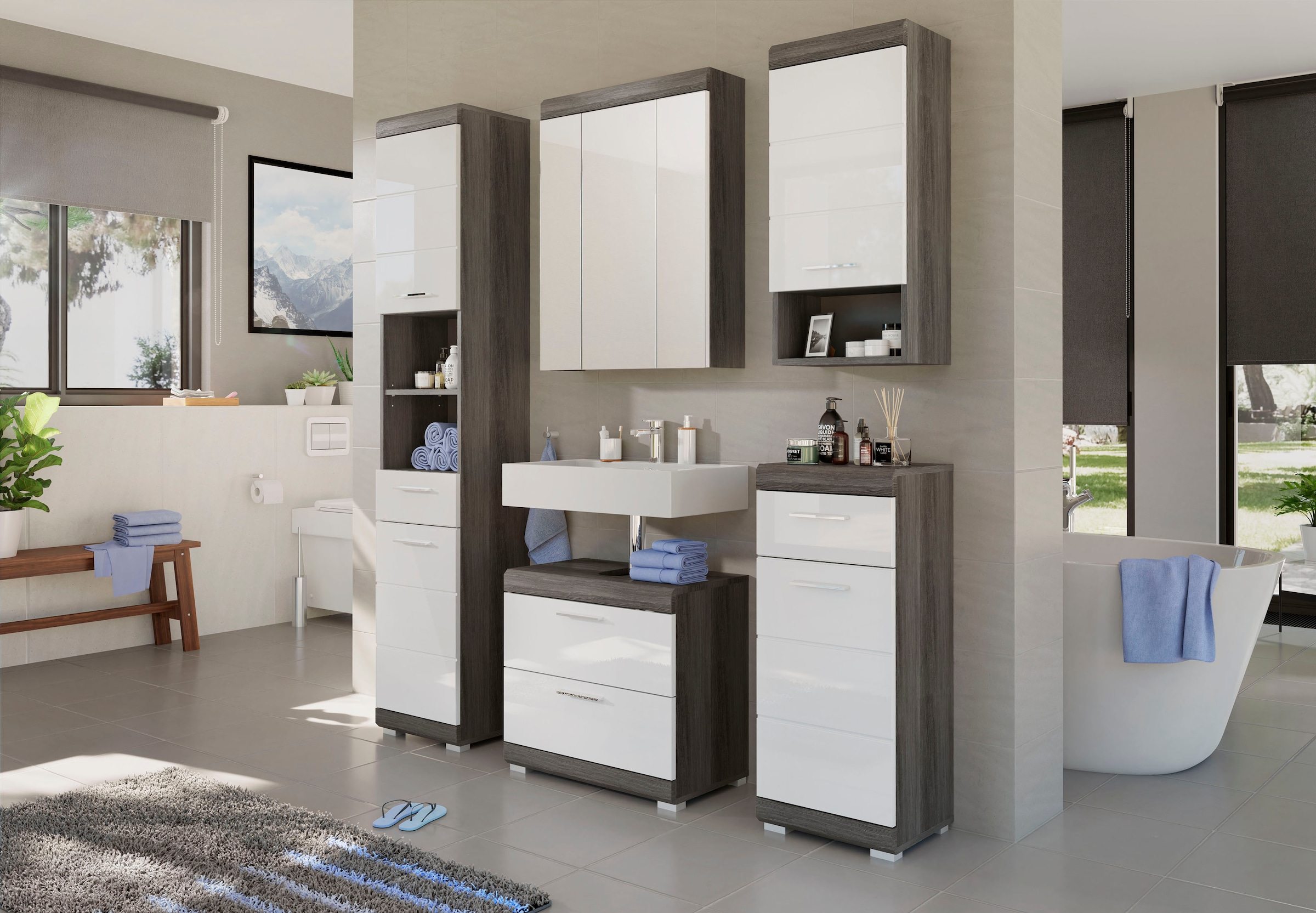 INOSIGN Badmöbel-Set »Siena, 3 teilig, bestehend aus:«, (Set, 3 St.), Hochschrank, Waschbeckenunterschrank, Spiegelschrank