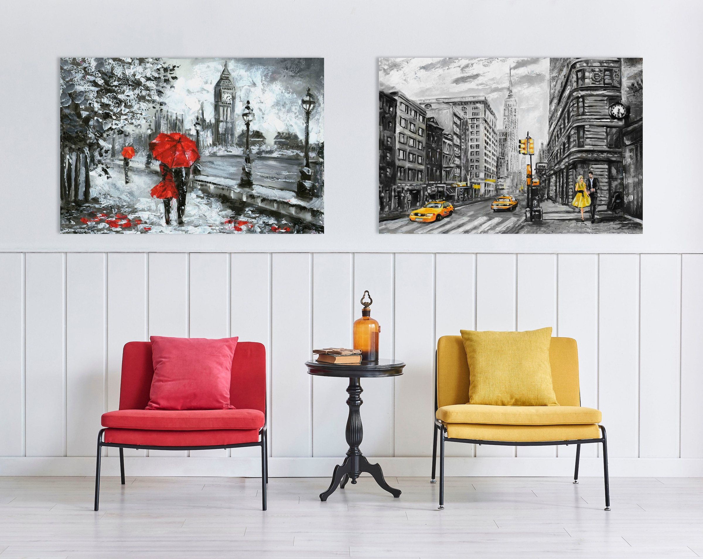 queence Leinwandbild »London«, London-Schwarz-Weiss-Kunst-Modern-Brücken-Rain-Städte-Grossbritannien, Wandeko, Big Ben, gezeichnet, Premium Leinwandstoff