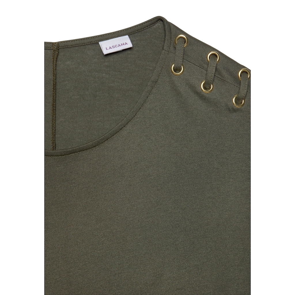 LASCANA Kurzarmshirt, mit Schnüroptik auf den Schultern, T-Shirt, weiche Jerseyqualität