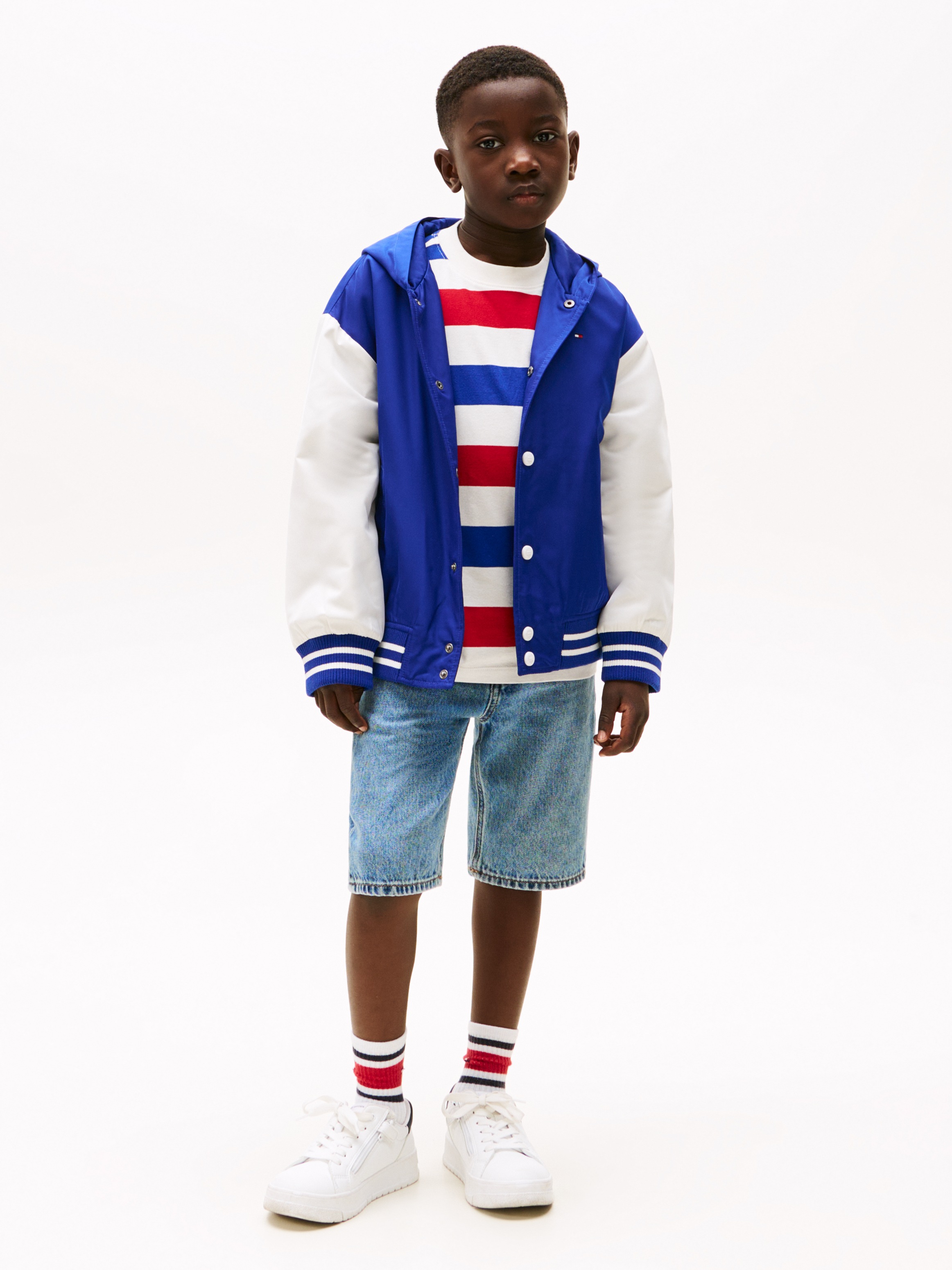 Tommy Hilfiger Bomberjacke »HOODED GRAPHIC BOMBER«, mit Kapuze, mit grossem Logo, Kontrast-Streifen