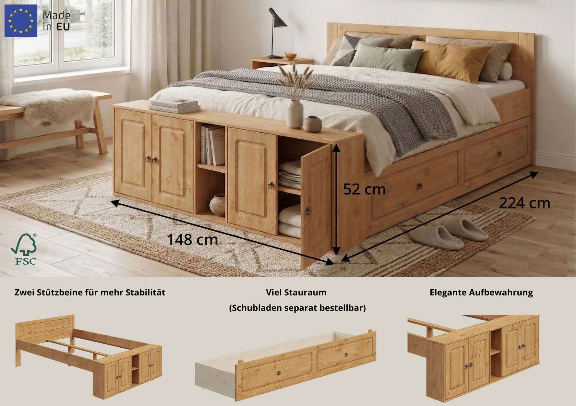 GOODproduct Massivholzbett »Paula, Bett, Stauraumbett, Holzbett, Bettgestell« (B/T/H: 148,8/224,4/82 cm,  aus massiver Kiefer, extra viel Stauraum im Fussteil, FSC®-zertifiziert