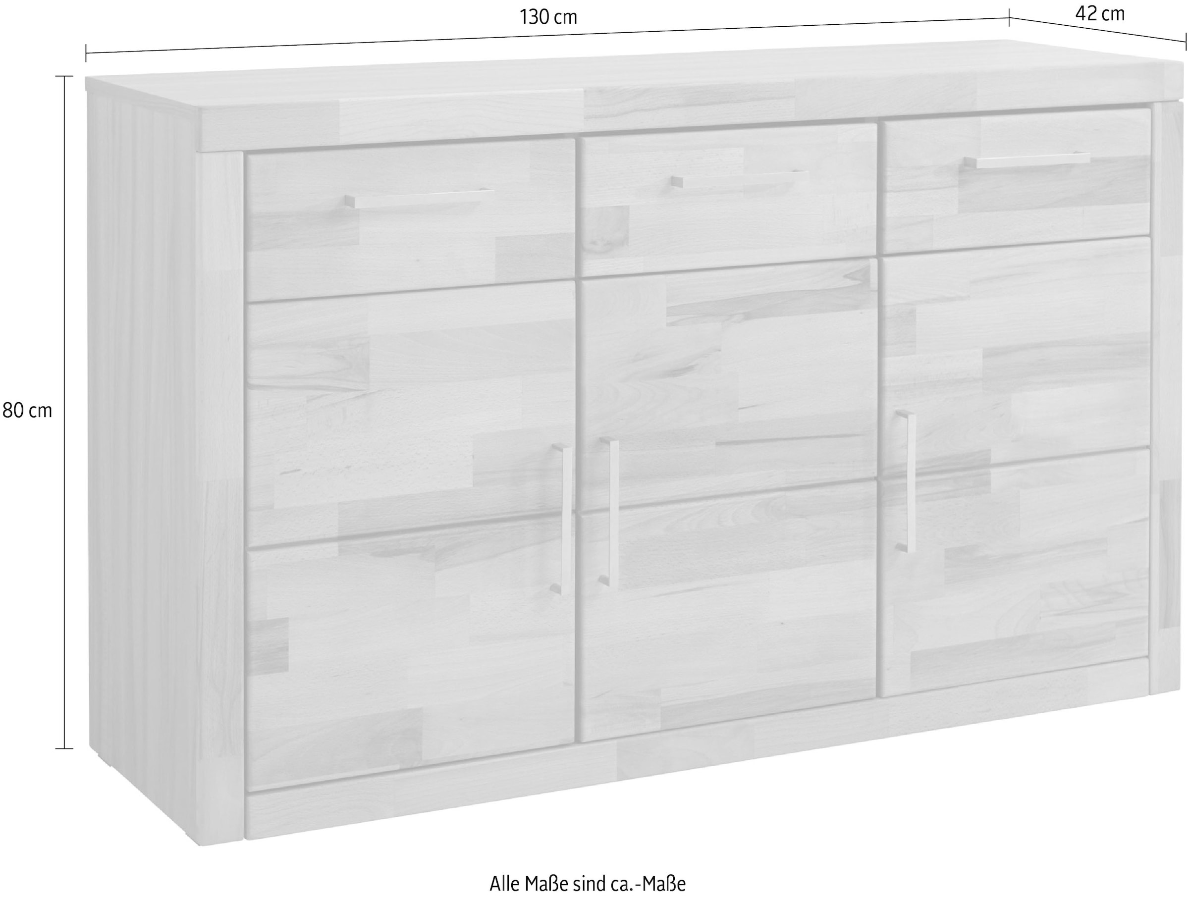 GOODproduct Sideboard »Logo,130cm breit,42 cm tief, Fronten Massivholz,2 breite Fächer« Holz massiv, Holzwerkstoff, Metall Griffe,3Türen,3Schubladen