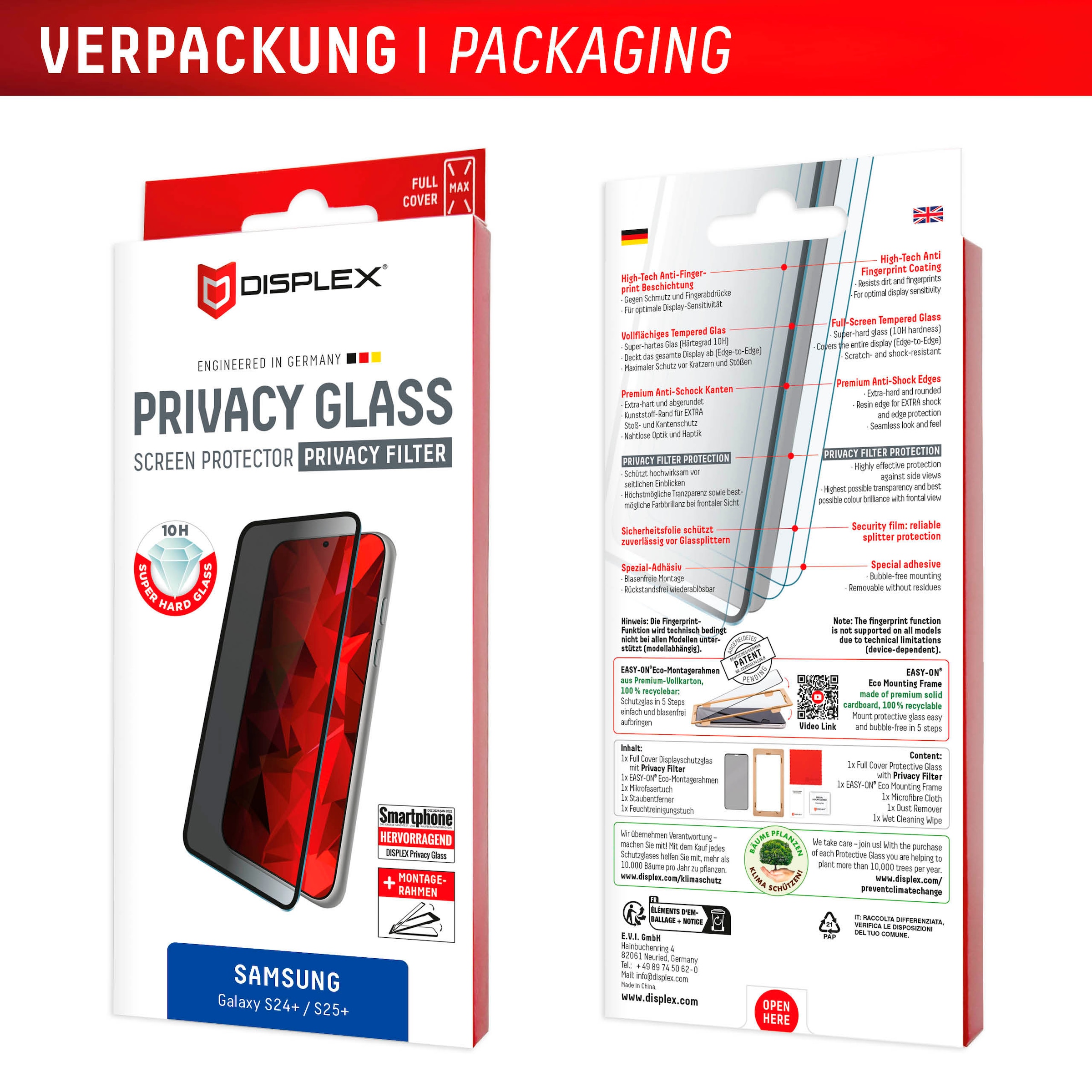 Displex Displayschutzglas »Privacy Glass« für Samsung Galaxy S24+;Samsung Galaxy S25+ Blickschutz Displayschutzfolie Displayschutz kratzer-resistent 10H